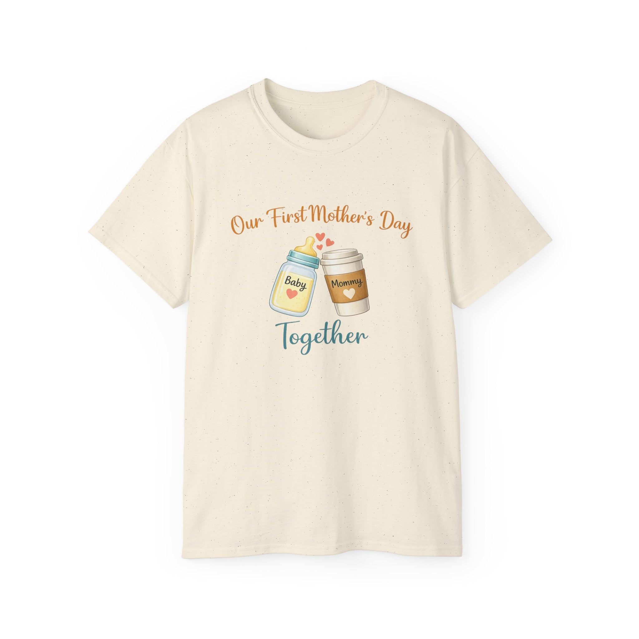 Mother’s Day T-Shirt “Our First Mother’s Day Together” Baby Bottle & Coffee Design