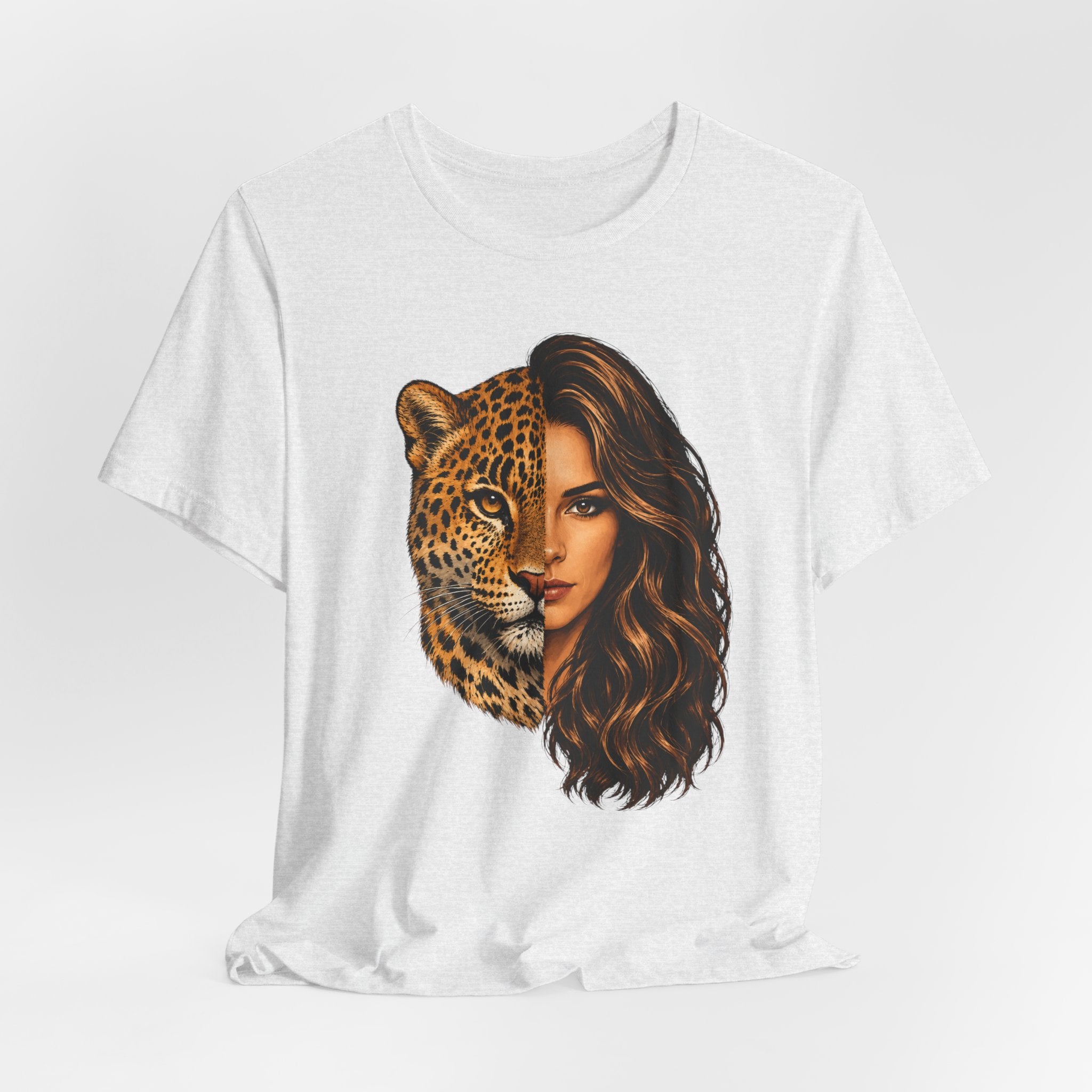 Leopard Woman Graphic Tee — Half Leopard Half Woman Bold Animal Portrait T-Shirt