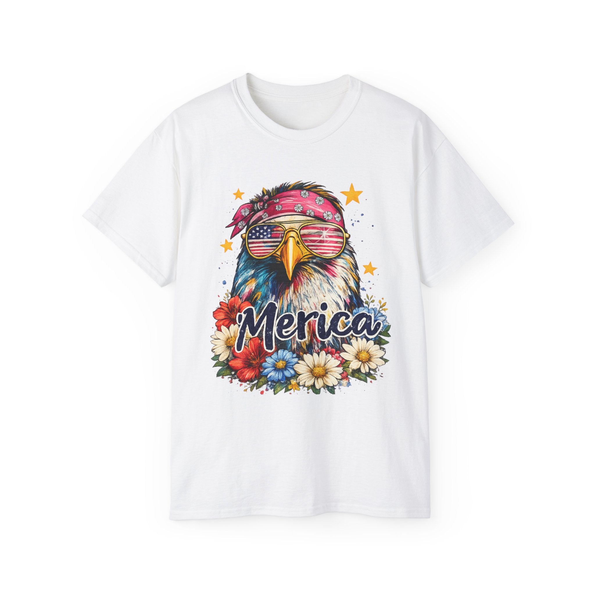 'Merica Eagle T-Shirt — Patriotic Bald Eagle with Sunglasses & Floral Design
