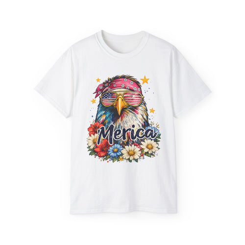 'Merica Eagle T-Shirt — Patriotic Bald Eagle with Sunglasses & Floral Design