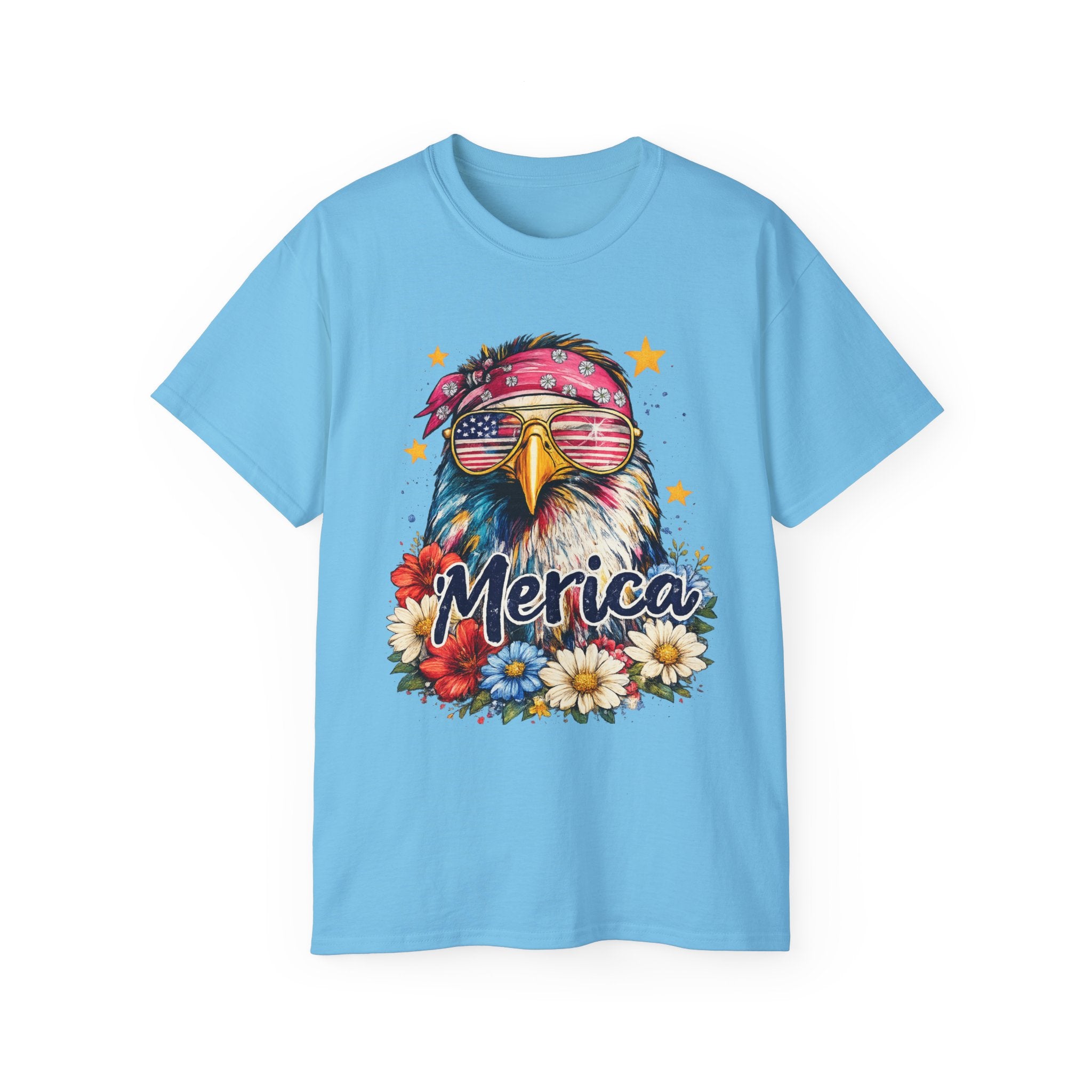 'Merica Eagle T-Shirt — Patriotic Bald Eagle with Sunglasses & Floral Design