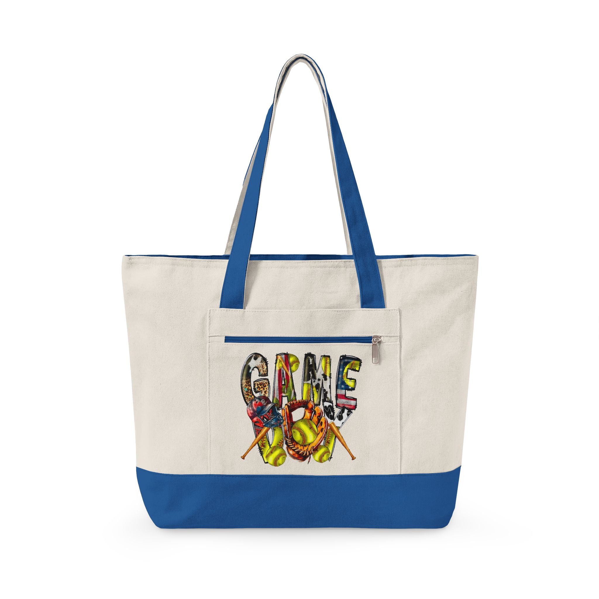 Canvas Tote Bag — Colorful “Softball” Graphic Zippered Shopper