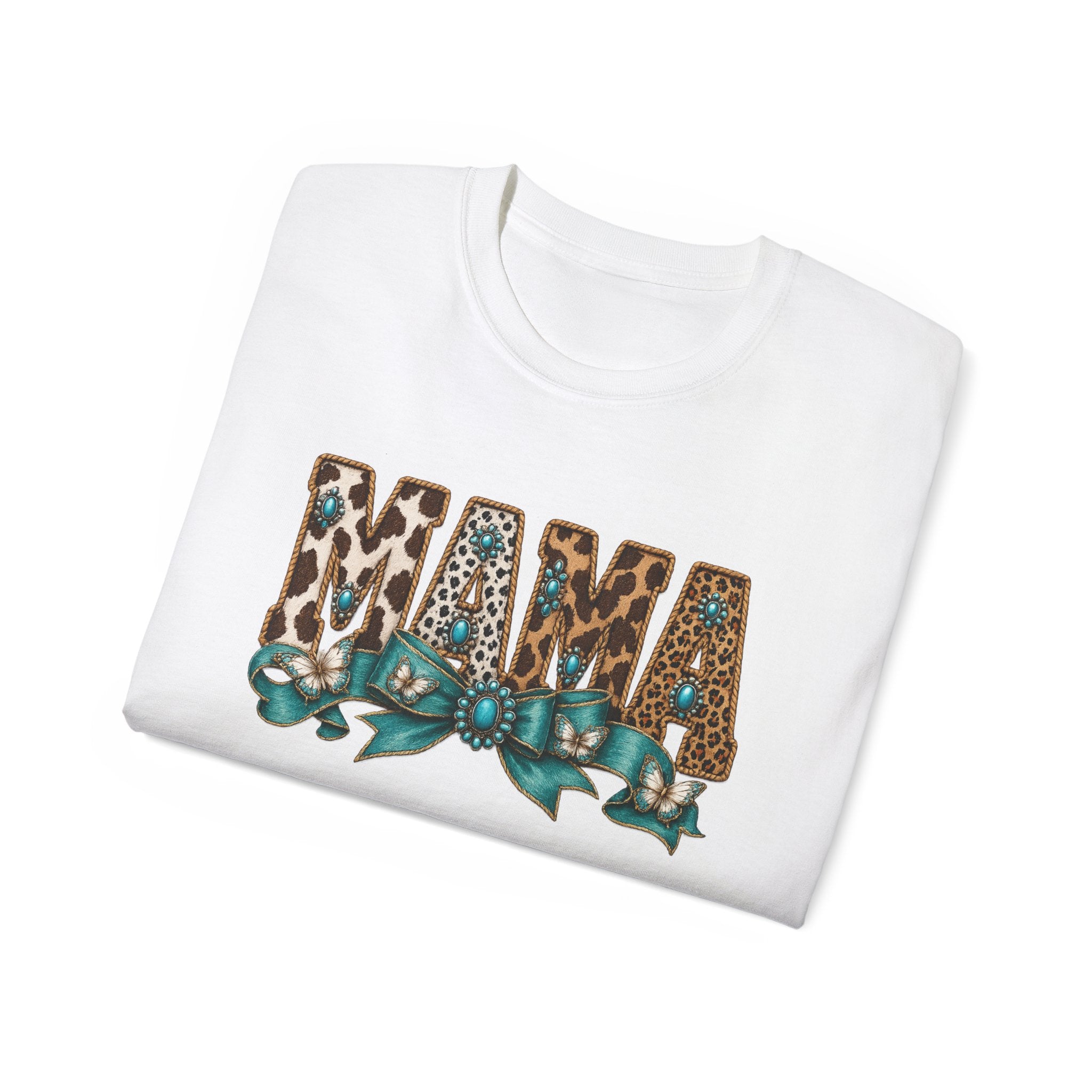 Mama Leopard Print Tee with Turquoise Ribbon — Mother's Day Graphic Shirt