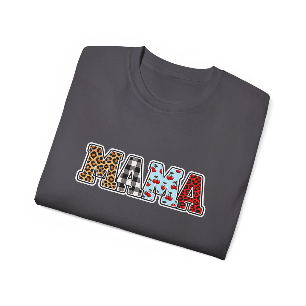 Mama Graphic Tee — Patterned Leopard, Checkered, and Cherry Letters MAMA Shirt