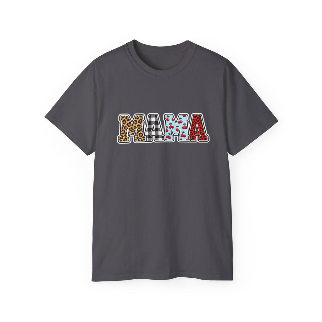 Mama Graphic Tee — Patterned Leopard, Checkered, and Cherry Letters MAMA Shirt