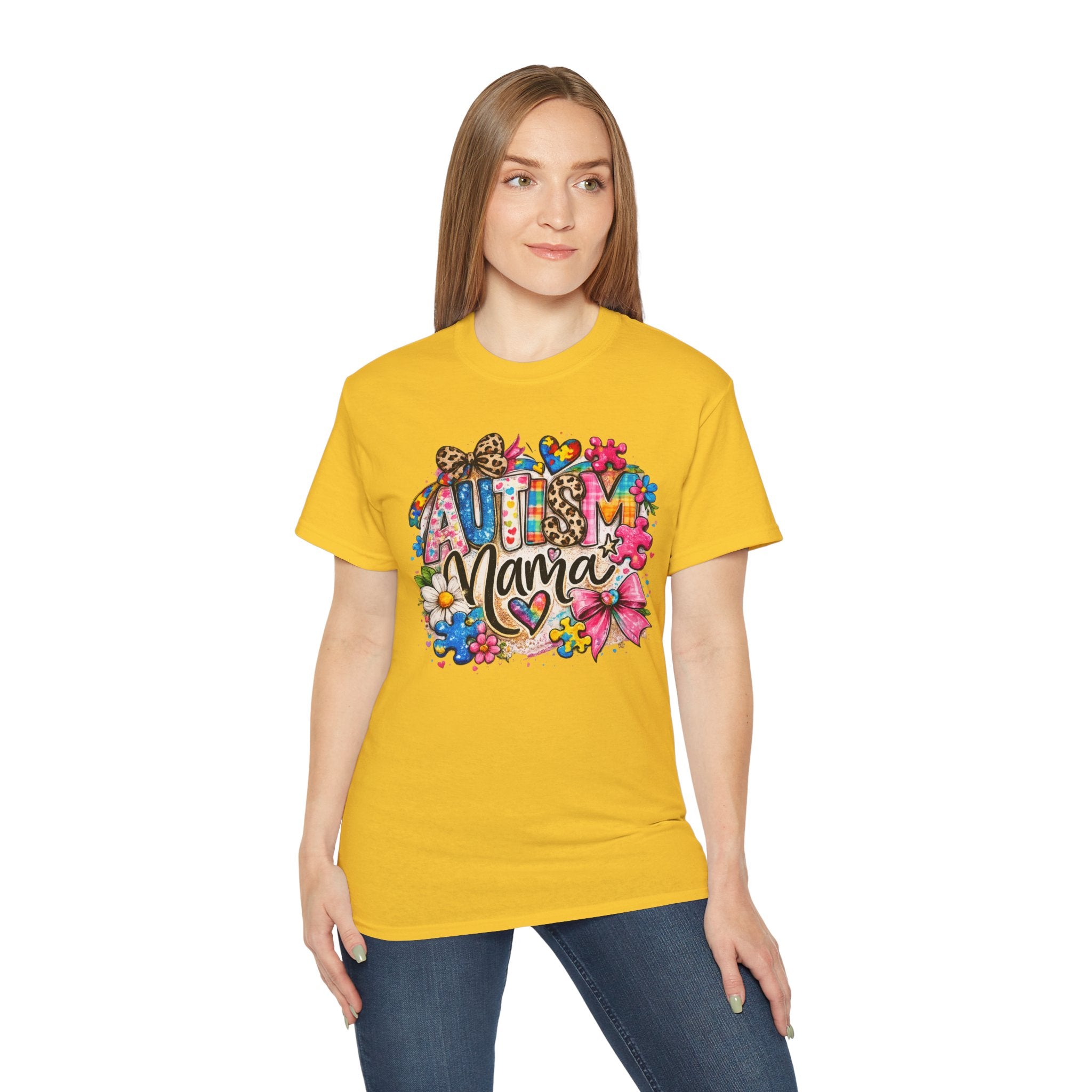 Autism Mama Floral T-Shirt — Colorful Heart & Puzzle Support Tee