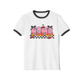 Mama Cherry Graphic Ringer T-Shirt — Retro Checkerboard, Floral & Bow Design