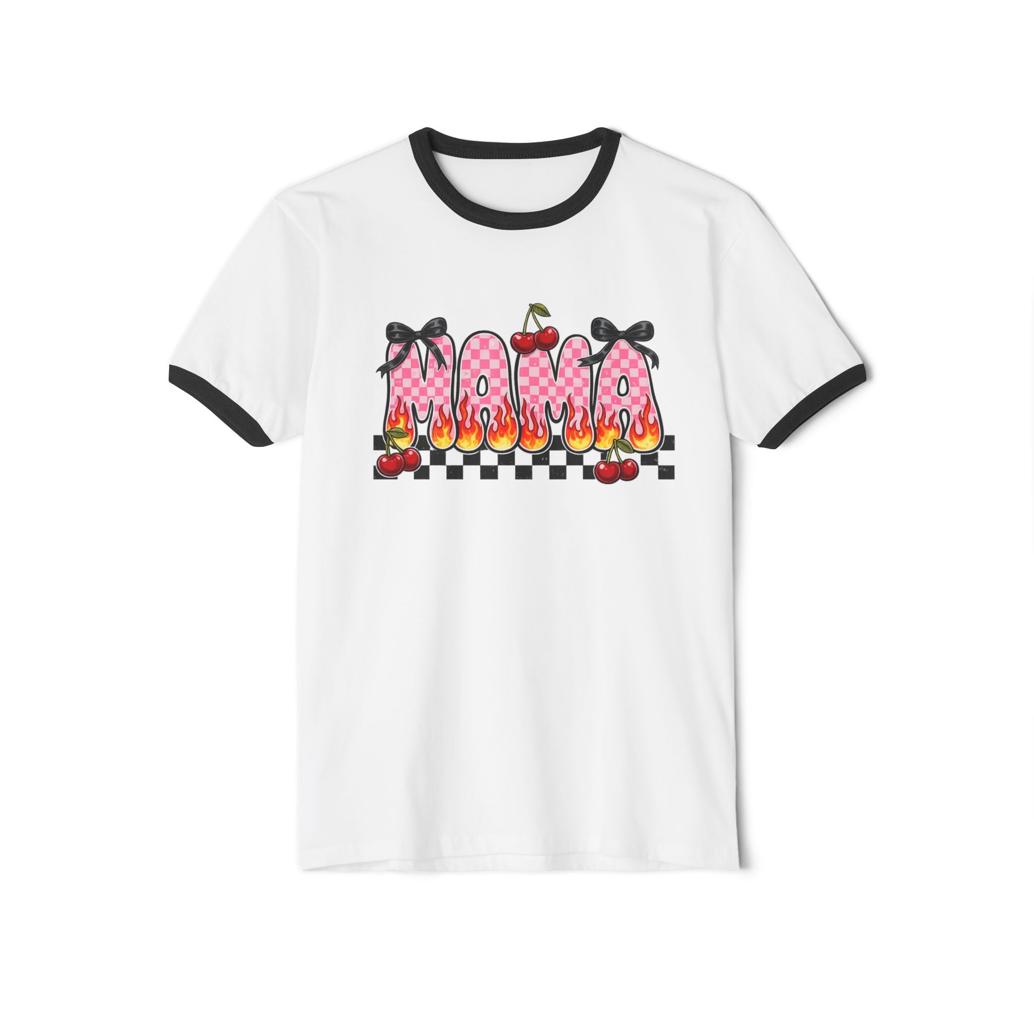 Mama Cherry Graphic Ringer T-Shirt — Retro Checkerboard, Floral & Bow Design
