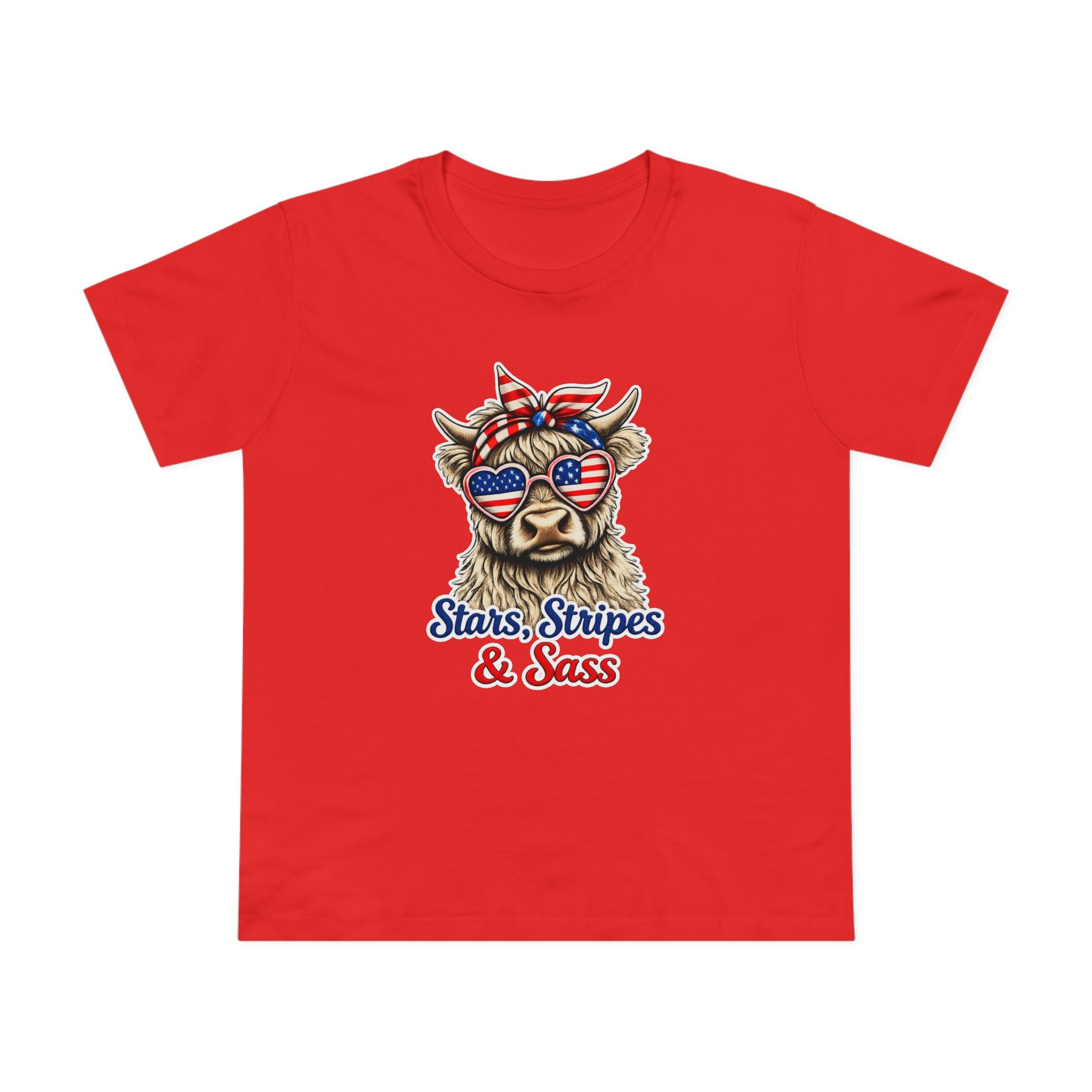 Stars, Stripes & Sass Women’s Tee — Patriotic Cow Graphic