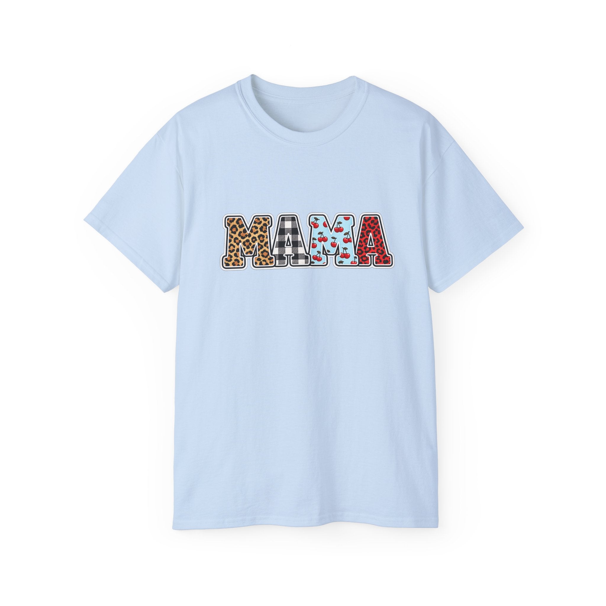 Mama Graphic Tee — Patterned Leopard, Checkered, and Cherry Letters MAMA Shirt