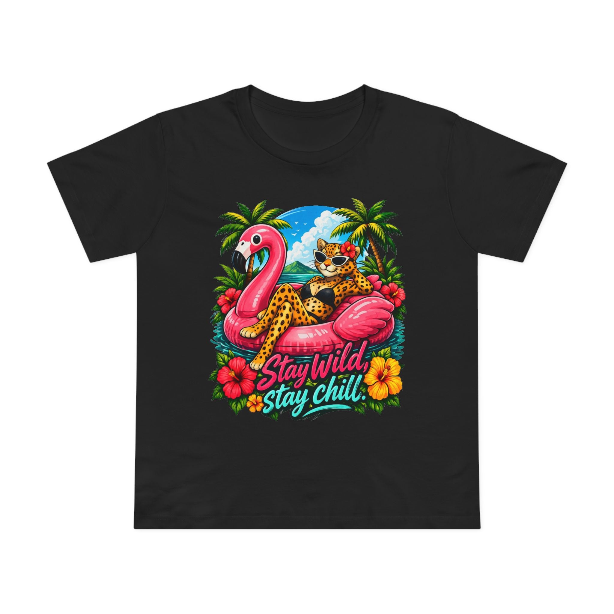 Stay Wild Stay Chill Tee — Tropical Flamingo & Leopard Women’s T-Shirt