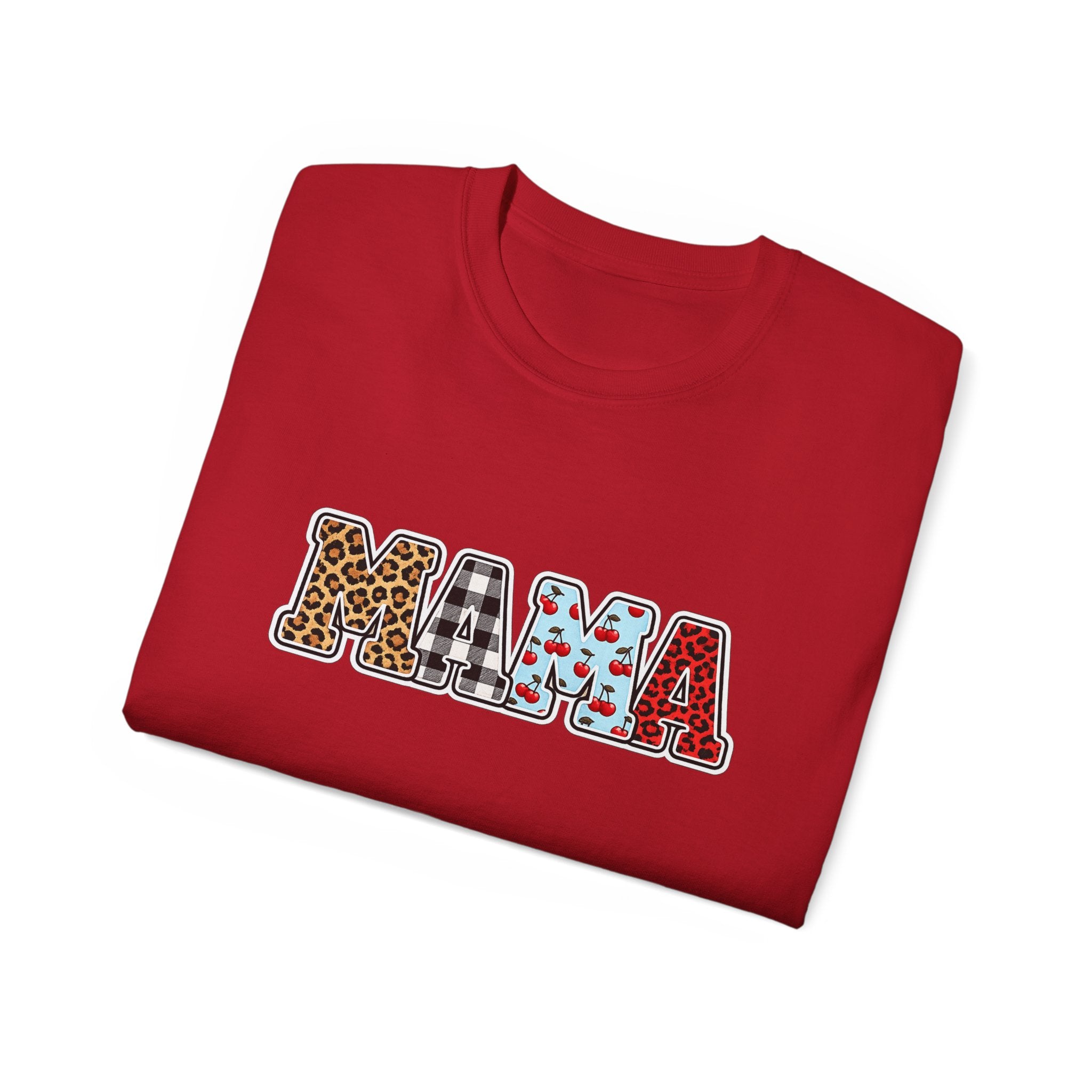 Mama Graphic Tee — Patterned Leopard, Checkered, and Cherry Letters MAMA Shirt