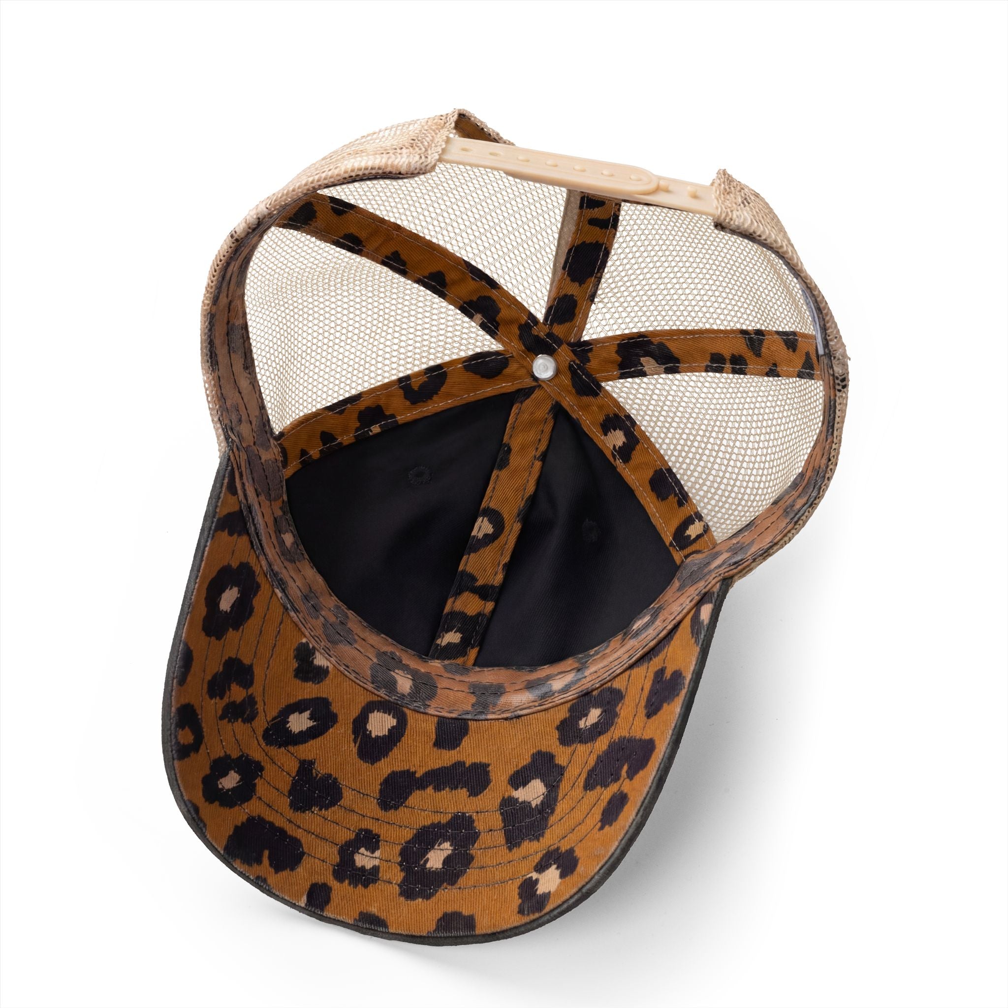 Leopard Sunflower "Blessed Mama" mesh hat with leopard print inside of the visor