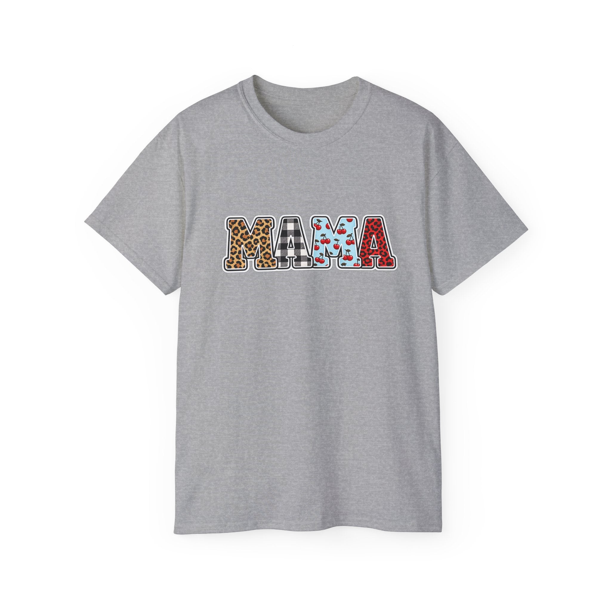 Mama Graphic Tee — Patterned Leopard, Checkered, and Cherry Letters MAMA Shirt
