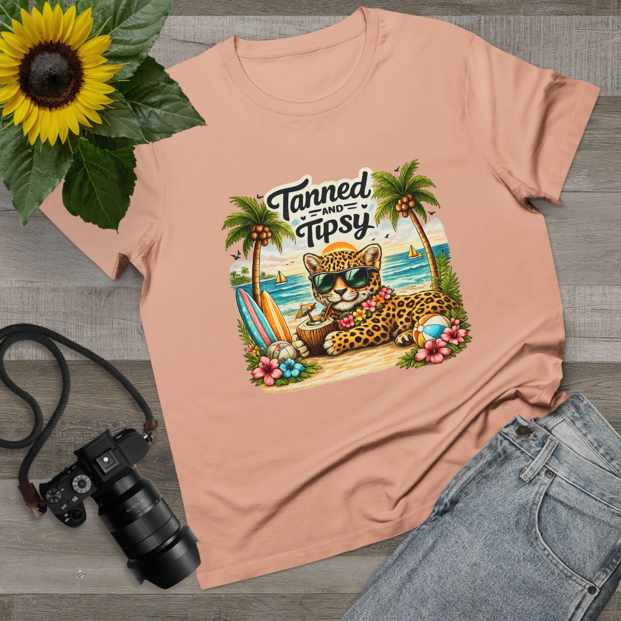 T-Shirt — "Tanned and Tipsy" Beach leopard Graphic Tee for Women