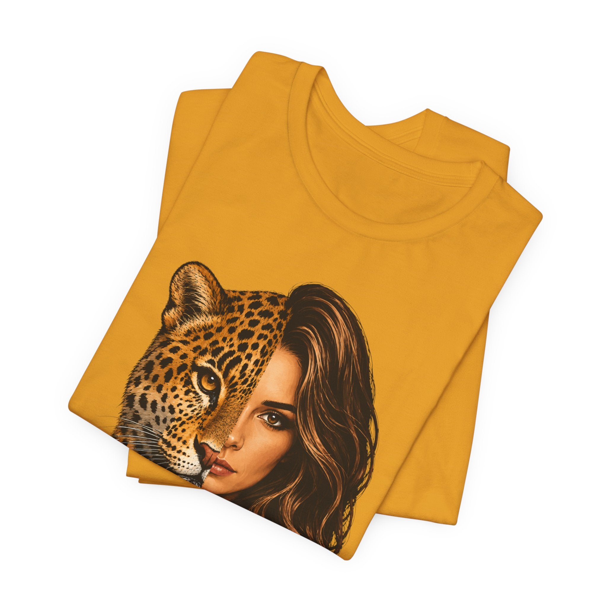 Leopard Woman Graphic Tee — Half Leopard Half Woman Bold Animal Portrait T-Shirt