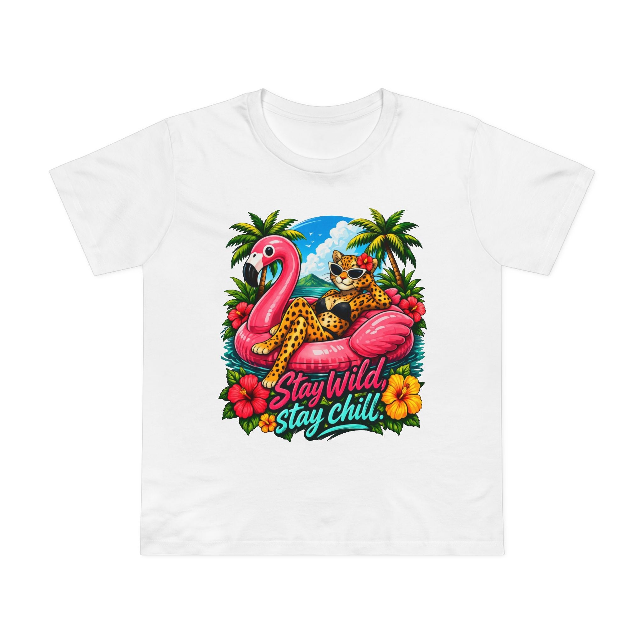 Stay Wild Stay Chill Tee — Tropical Flamingo & Leopard Women’s T-Shirt