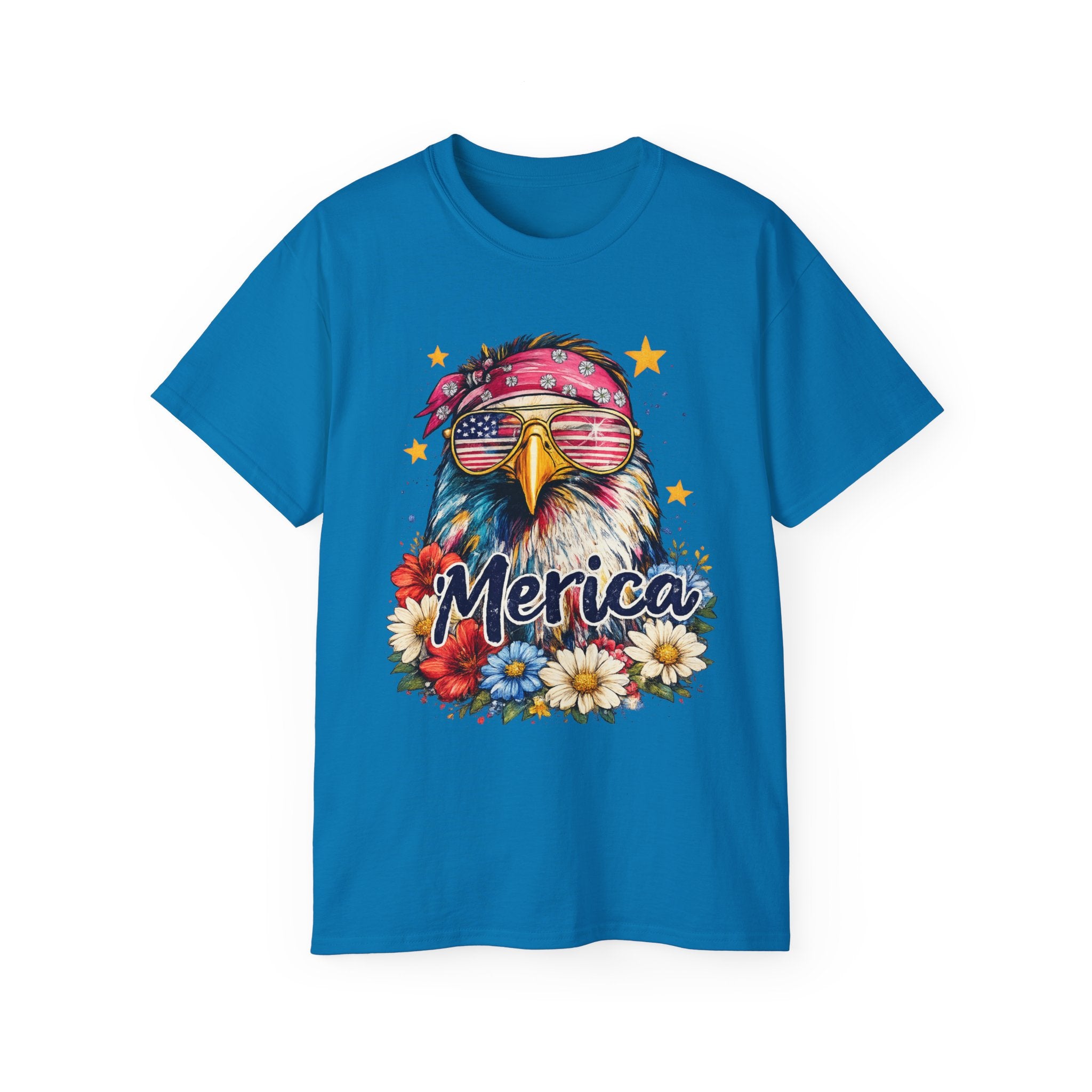'Merica Eagle T-Shirt — Patriotic Bald Eagle with Sunglasses & Floral Design