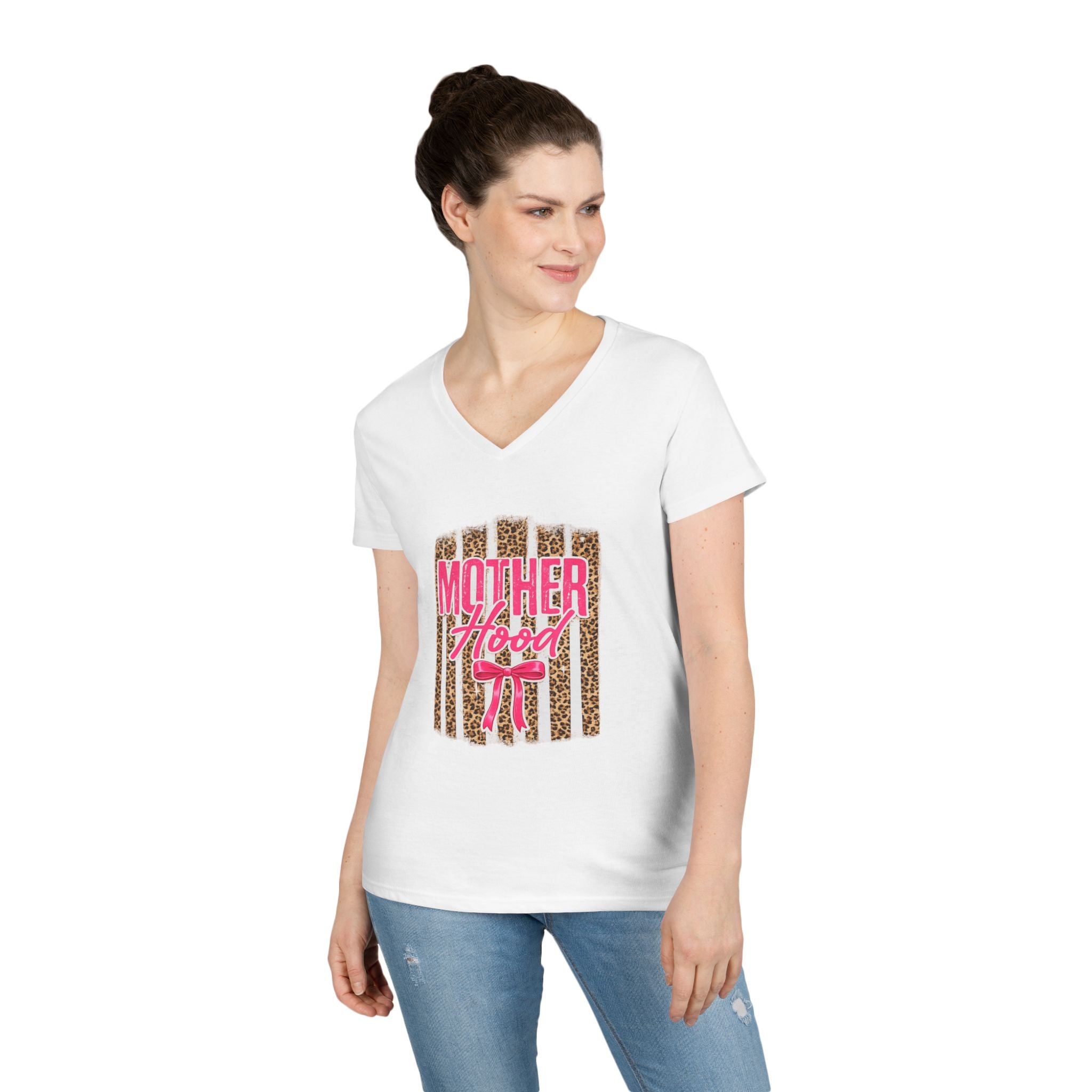 Motherhood V-Neck Tee — Pink & Leopard "Mother Hood" Graphic for Moms