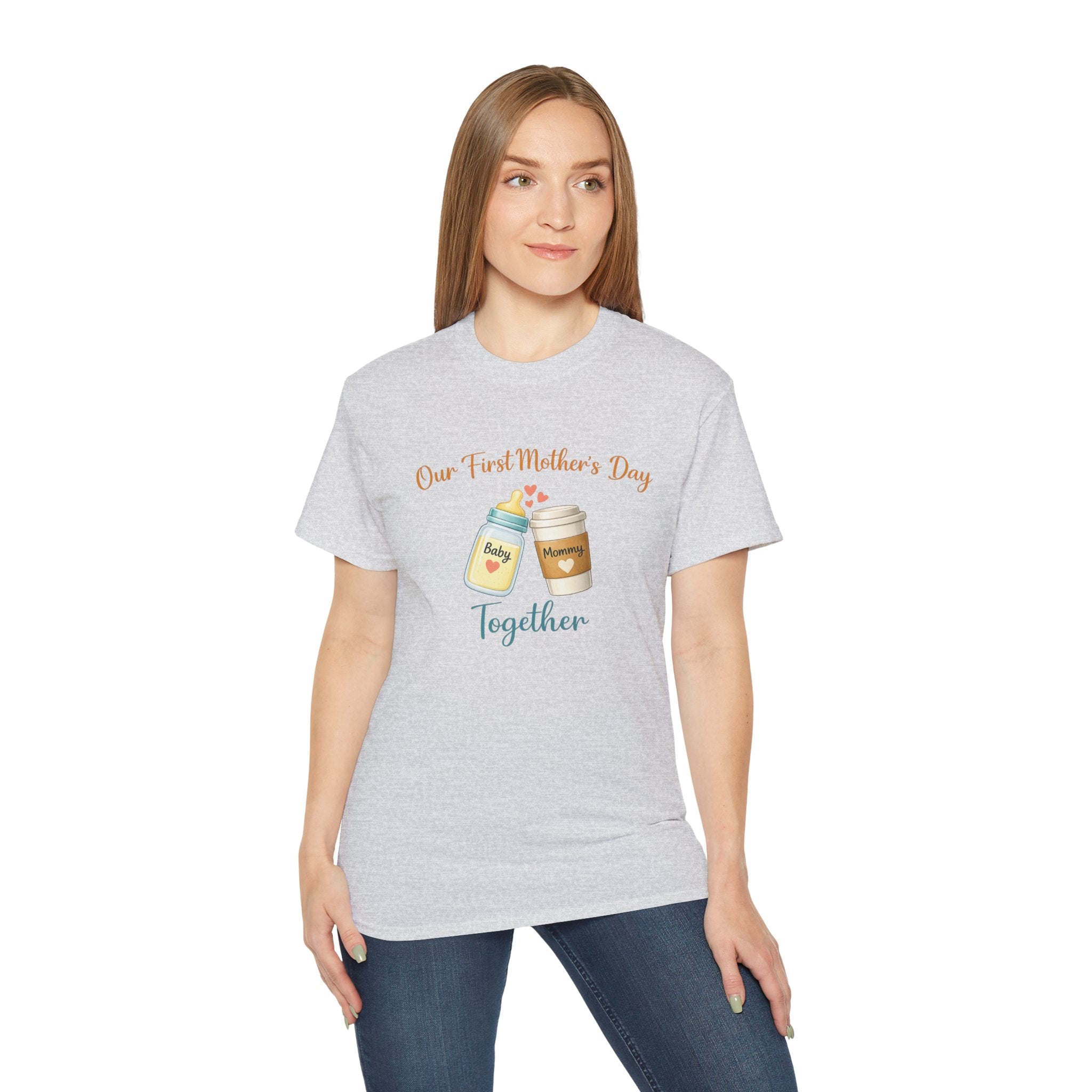 Mother’s Day T-Shirt “Our First Mother’s Day Together” Baby Bottle & Coffee Design
