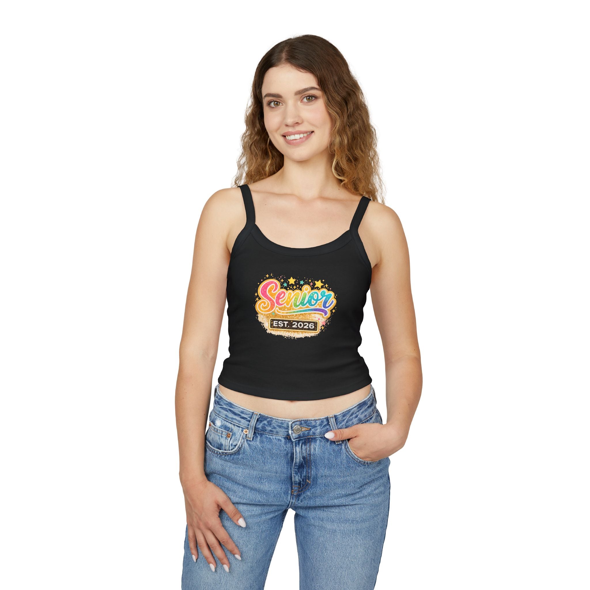Senior Est. 2026 Tank Top — Women's Graduation Spaghetti Strap Crop