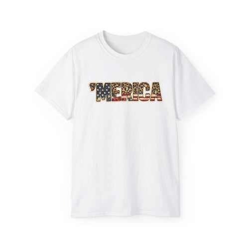'Merica American Flag Text Tee — Patriotic Fourth of July Shirt