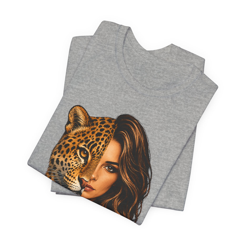 Leopard Woman Graphic Tee — Half Leopard Half Woman Bold Animal Portrait T-Shirt