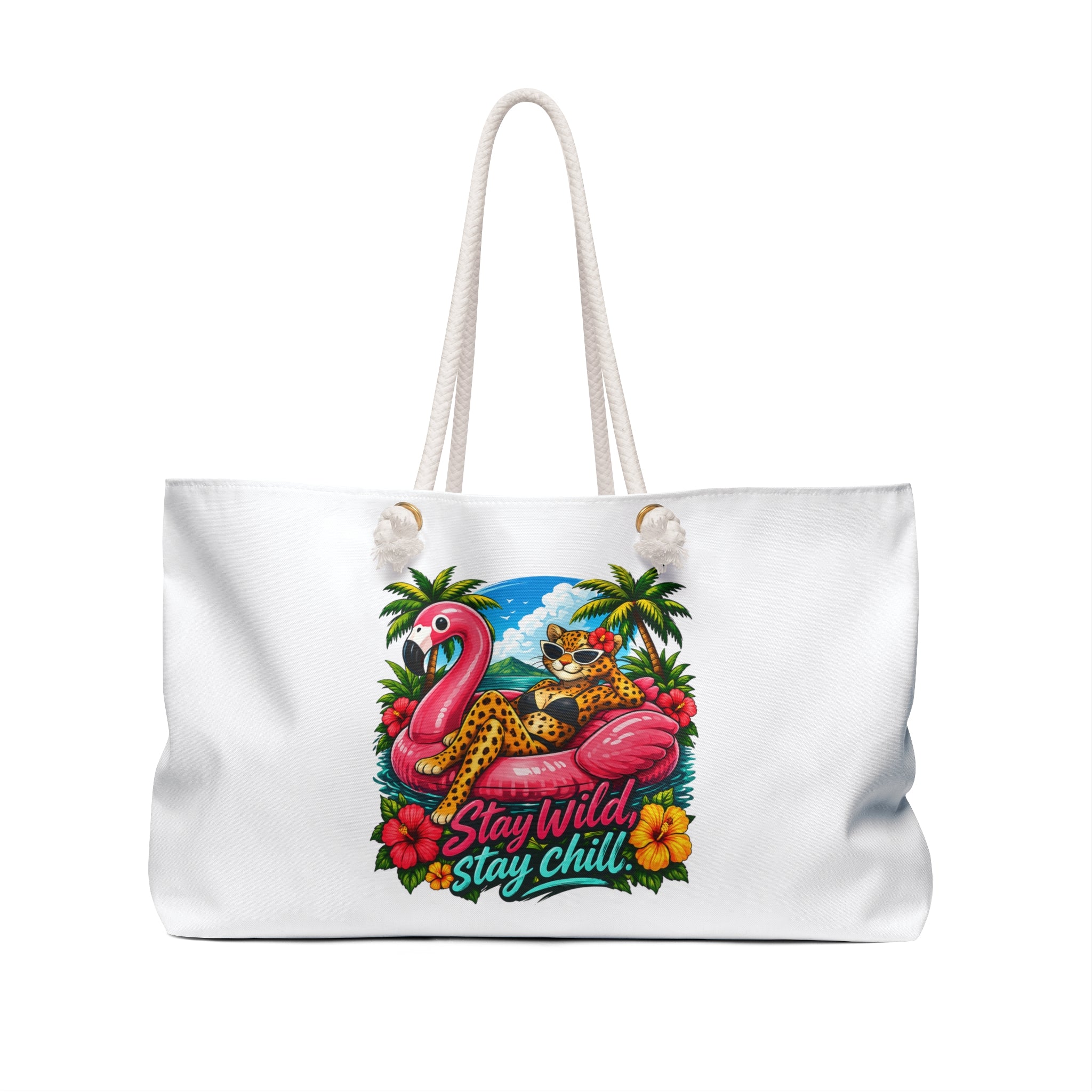 Weekender Bag — Leopard "Stay Wild, Stay Chill Tropical Flamingo & Leopard Beach Tote