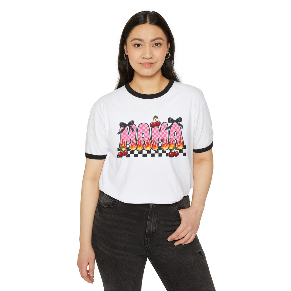 Mama Cherry Graphic Ringer T-Shirt — Retro Checkerboard, Floral & Bow Design