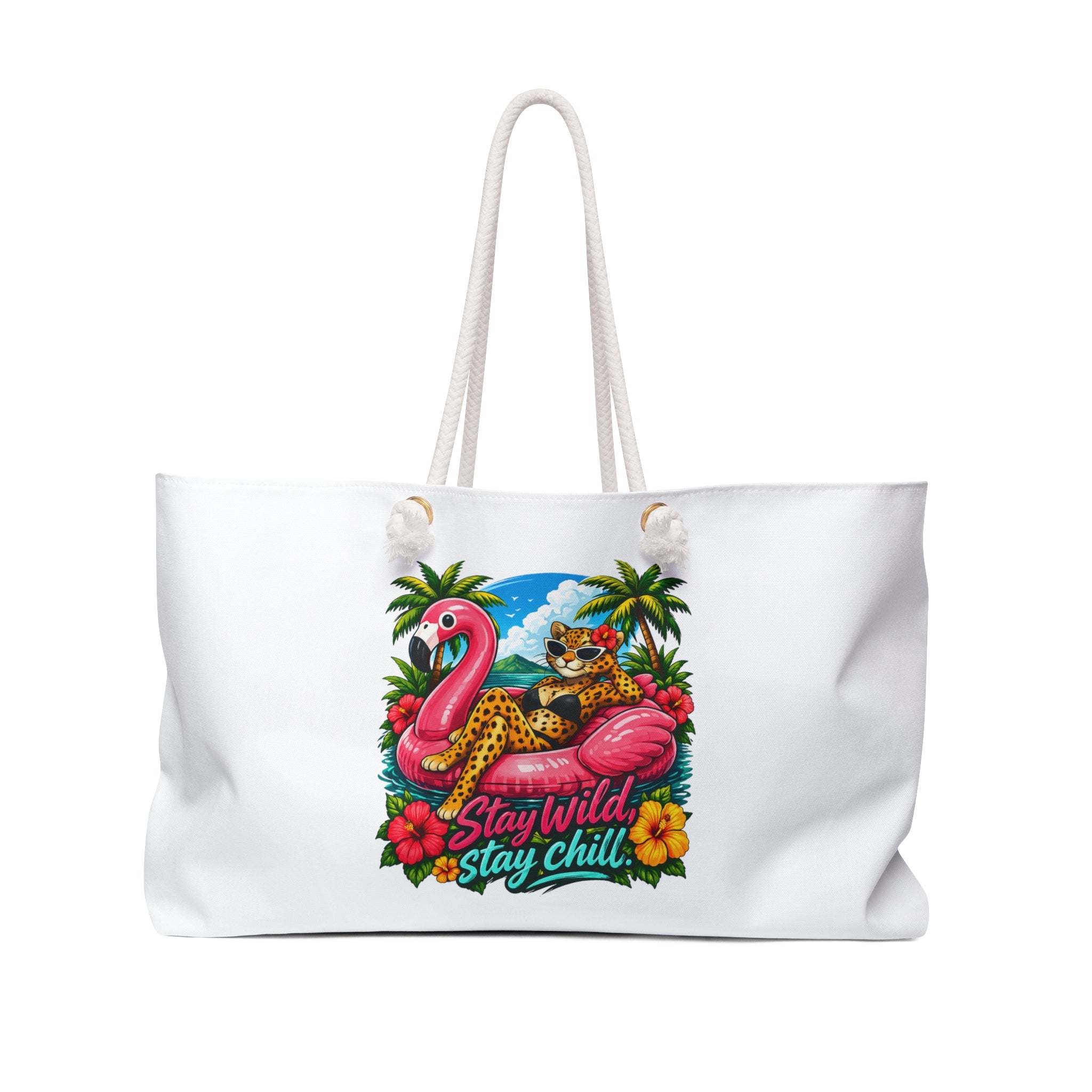 Weekender Bag — Leopard "Stay Wild, Stay Chill Tropical Flamingo & Leopard Beach Tote