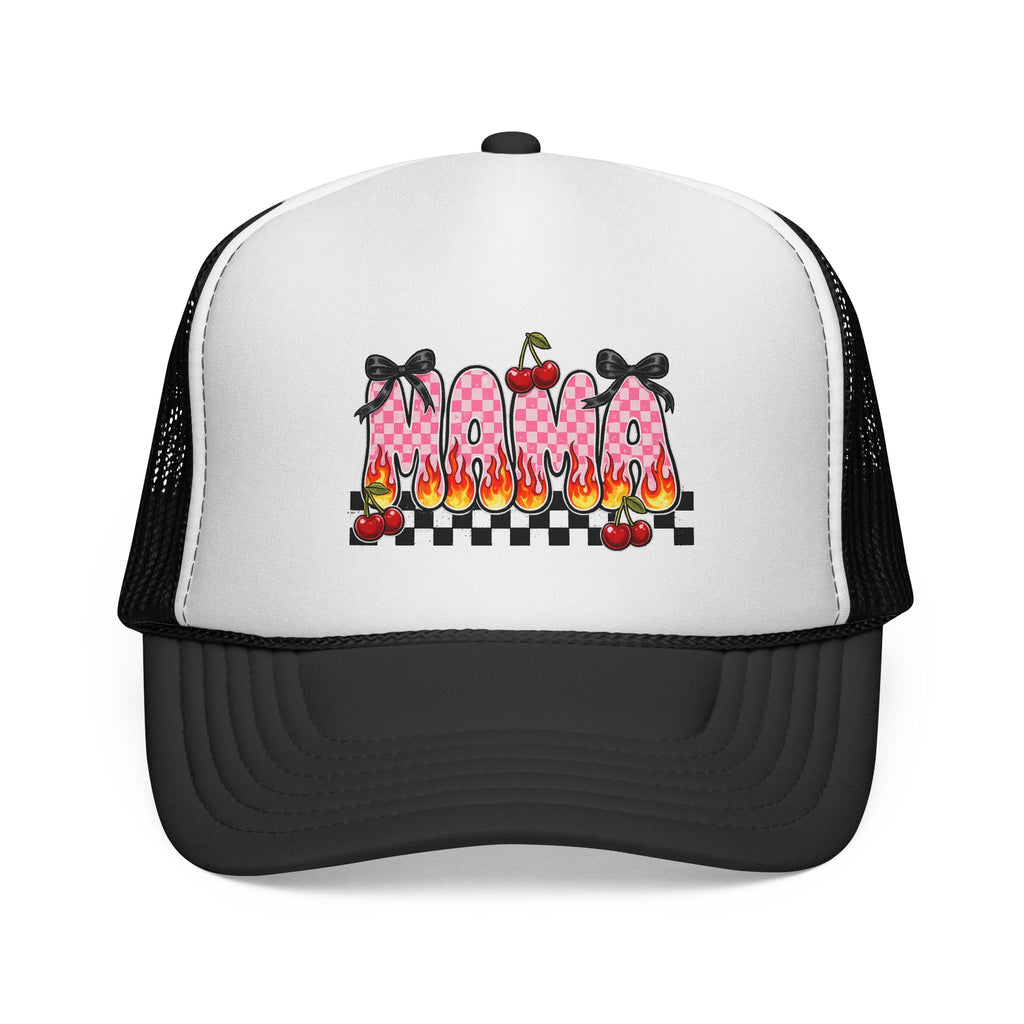 Mama Trucker Hat — Retro Checkerboard Cherry Flame Truckercap