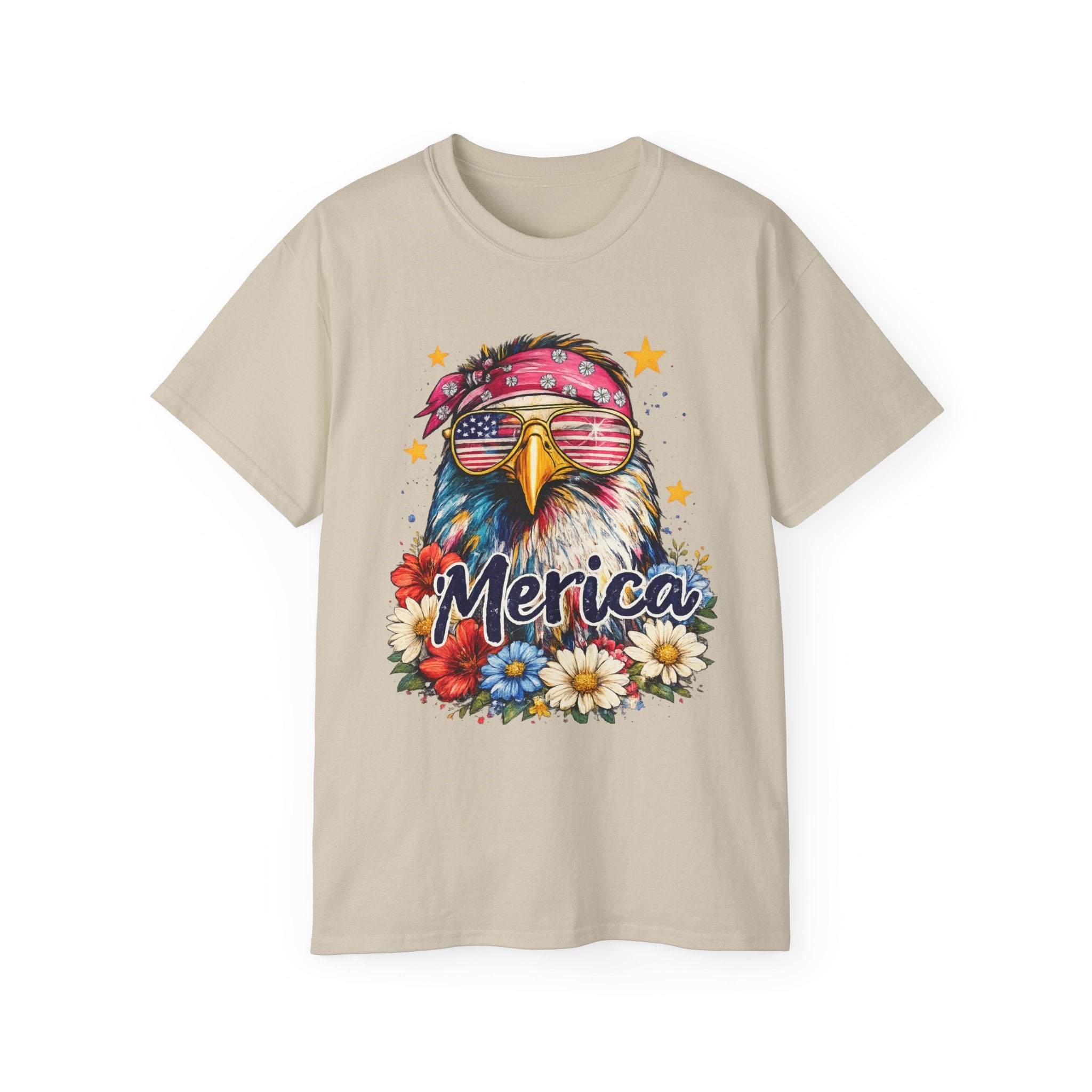'Merica Eagle T-Shirt — Patriotic Bald Eagle with Sunglasses & Floral Design