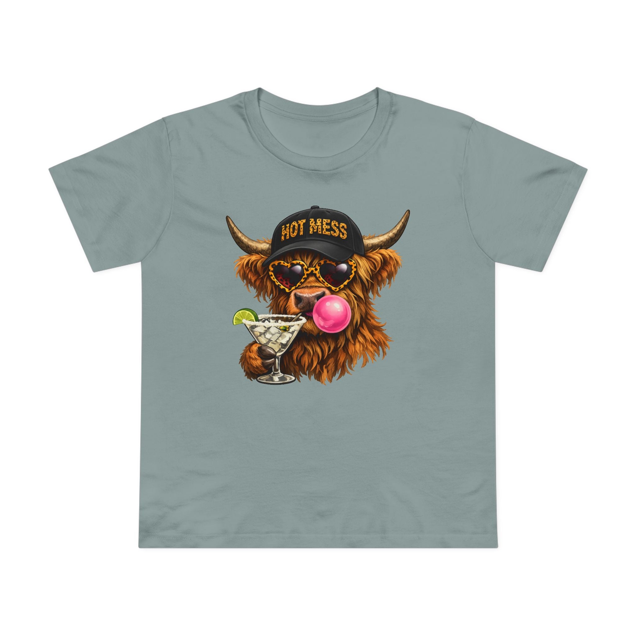 Women’s Tee — 'Hot Mess' Highland Cow Graphic Shirt with Margarita & Bubblegum