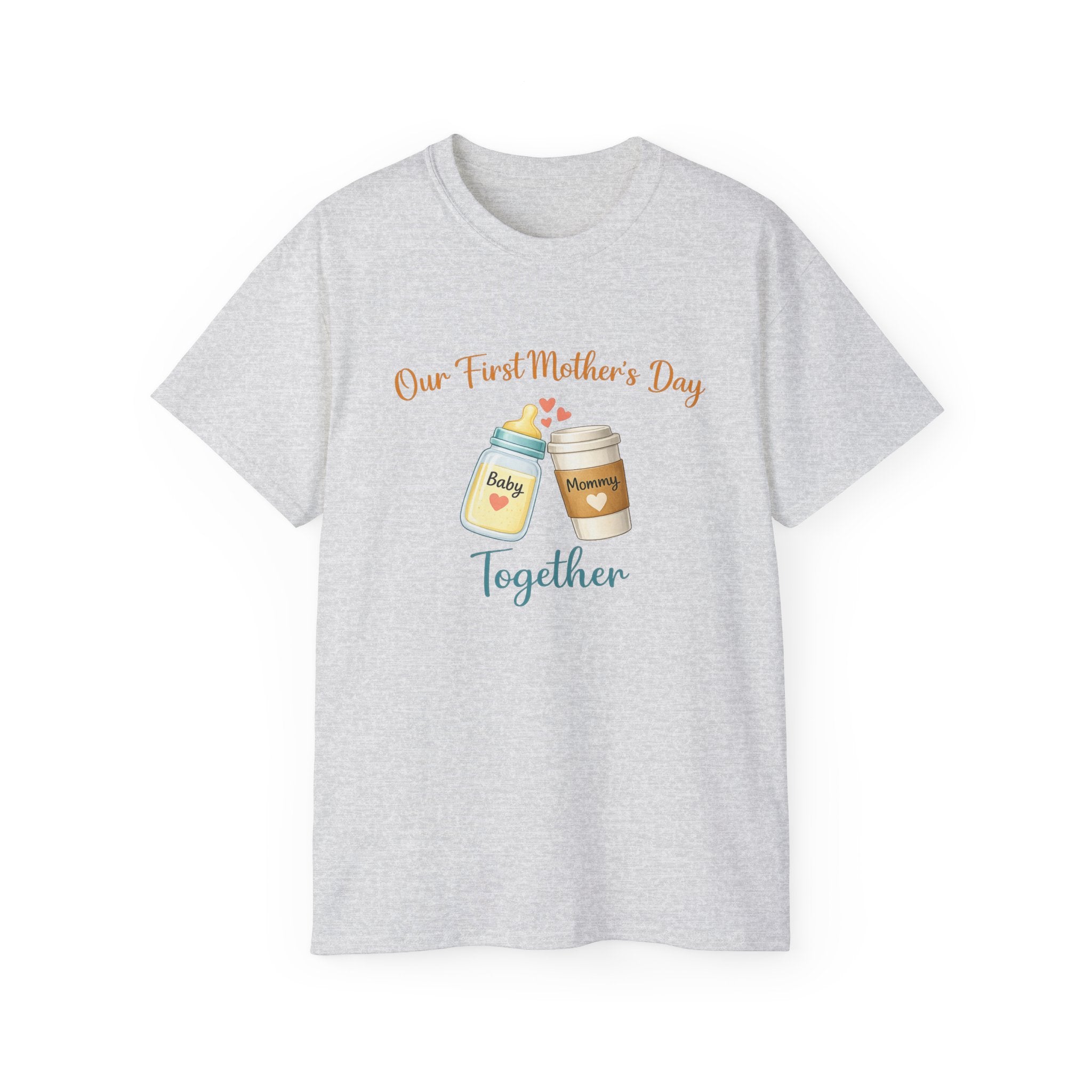 Mother’s Day T-Shirt “Our First Mother’s Day Together” Baby Bottle & Coffee Design
