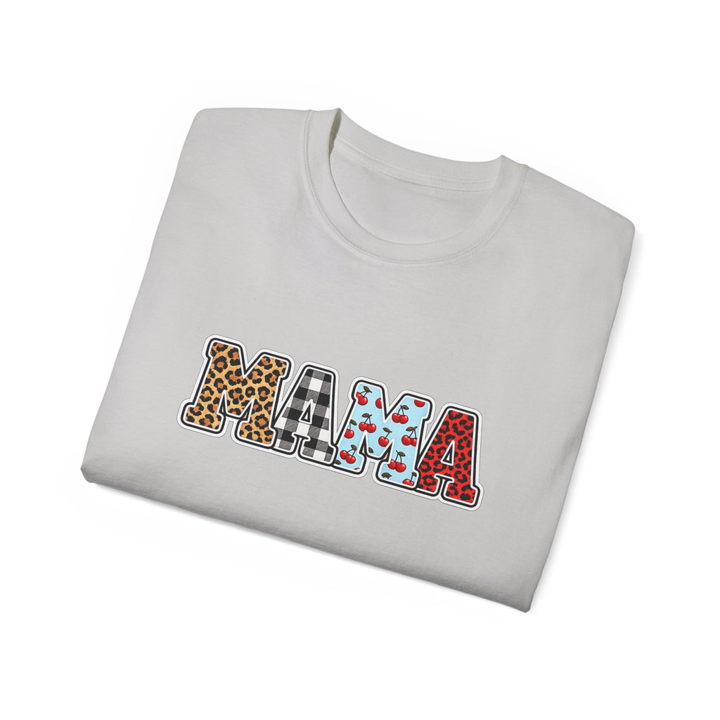 Mama Graphic Tee — Patterned Leopard, Checkered, and Cherry Letters MAMA Shirt