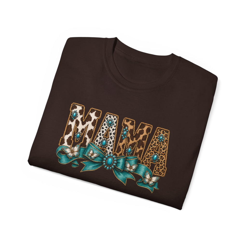 Mama Leopard Print Tee with Turquoise Ribbon — Mother's Day Graphic Shirt