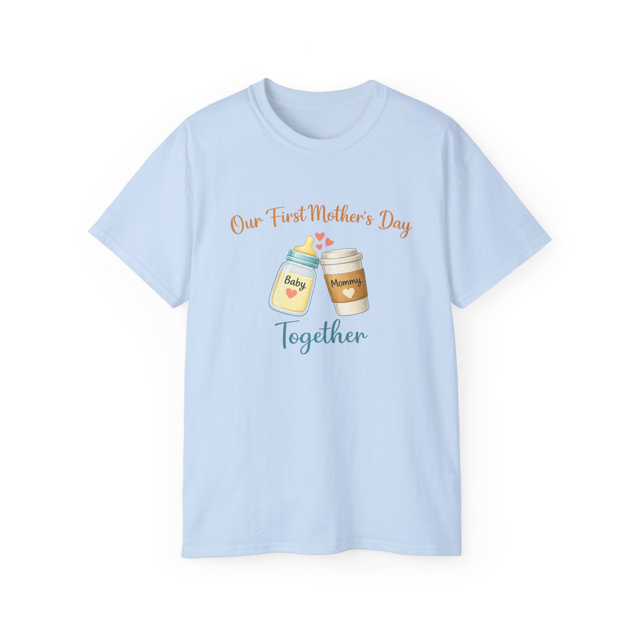 Mother’s Day T-Shirt “Our First Mother’s Day Together” Baby Bottle & Coffee Design