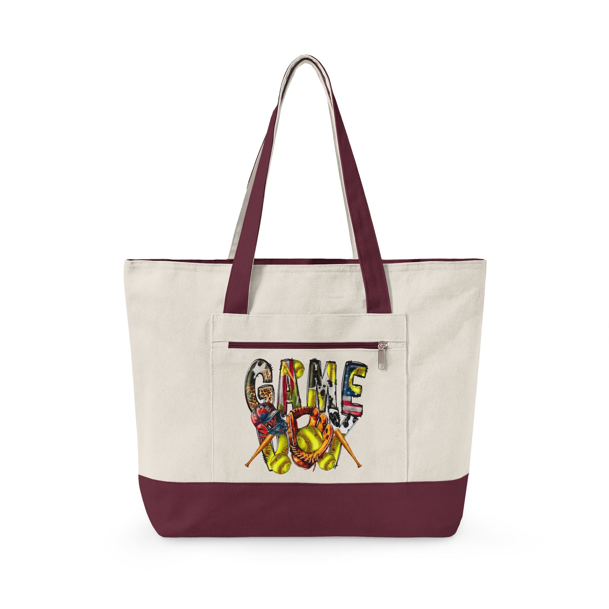 Canvas Tote Bag — Colorful “Softball” Graphic Zippered Shopper