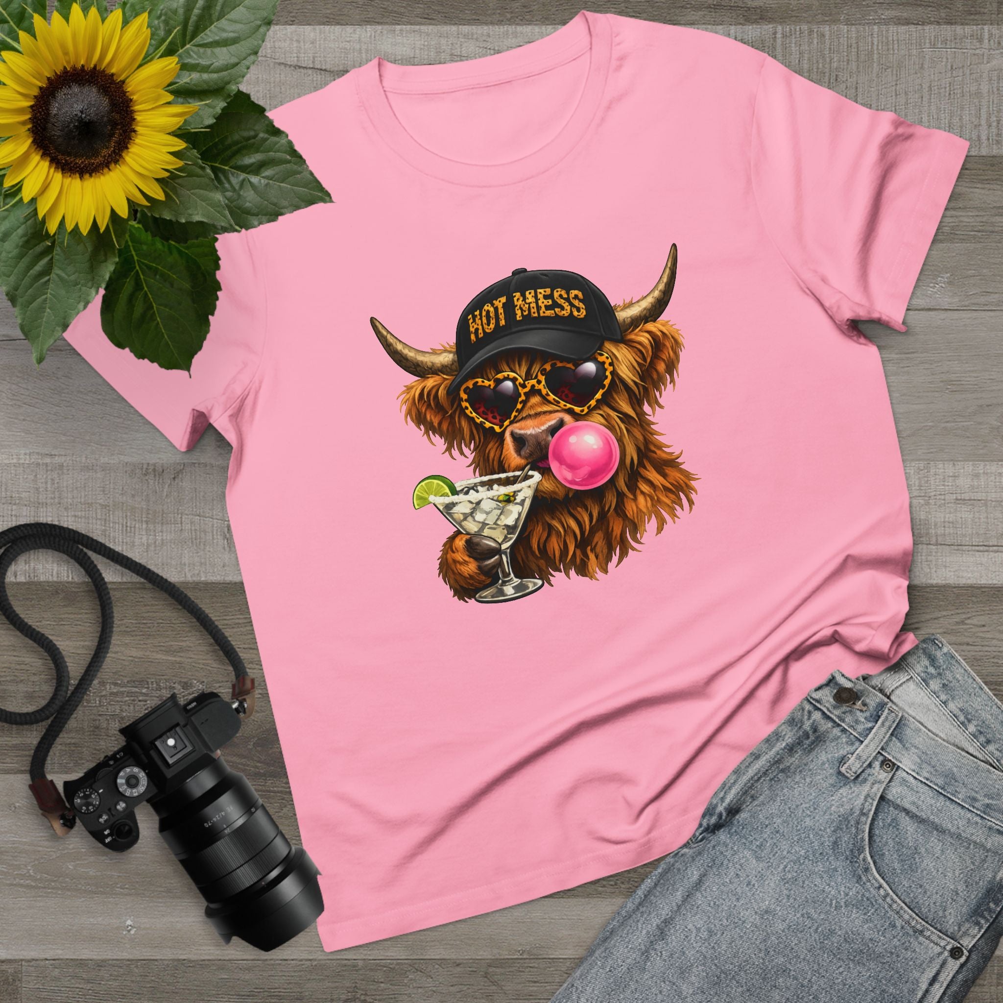 Women’s Tee — 'Hot Mess' Highland Cow Graphic Shirt with Margarita & Bubblegum