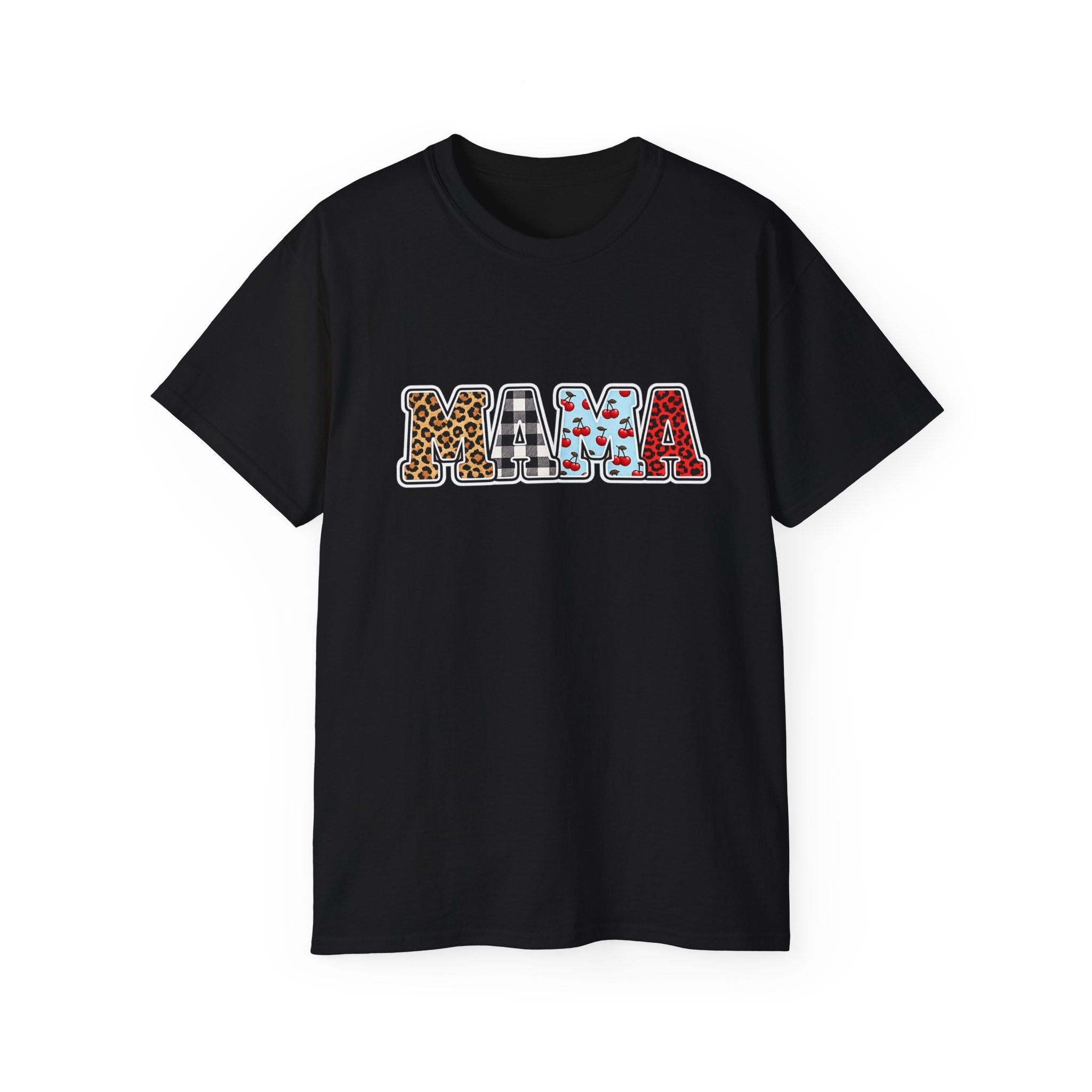 Mama Graphic Tee — Patterned Leopard, Checkered, and Cherry Letters MAMA Shirt
