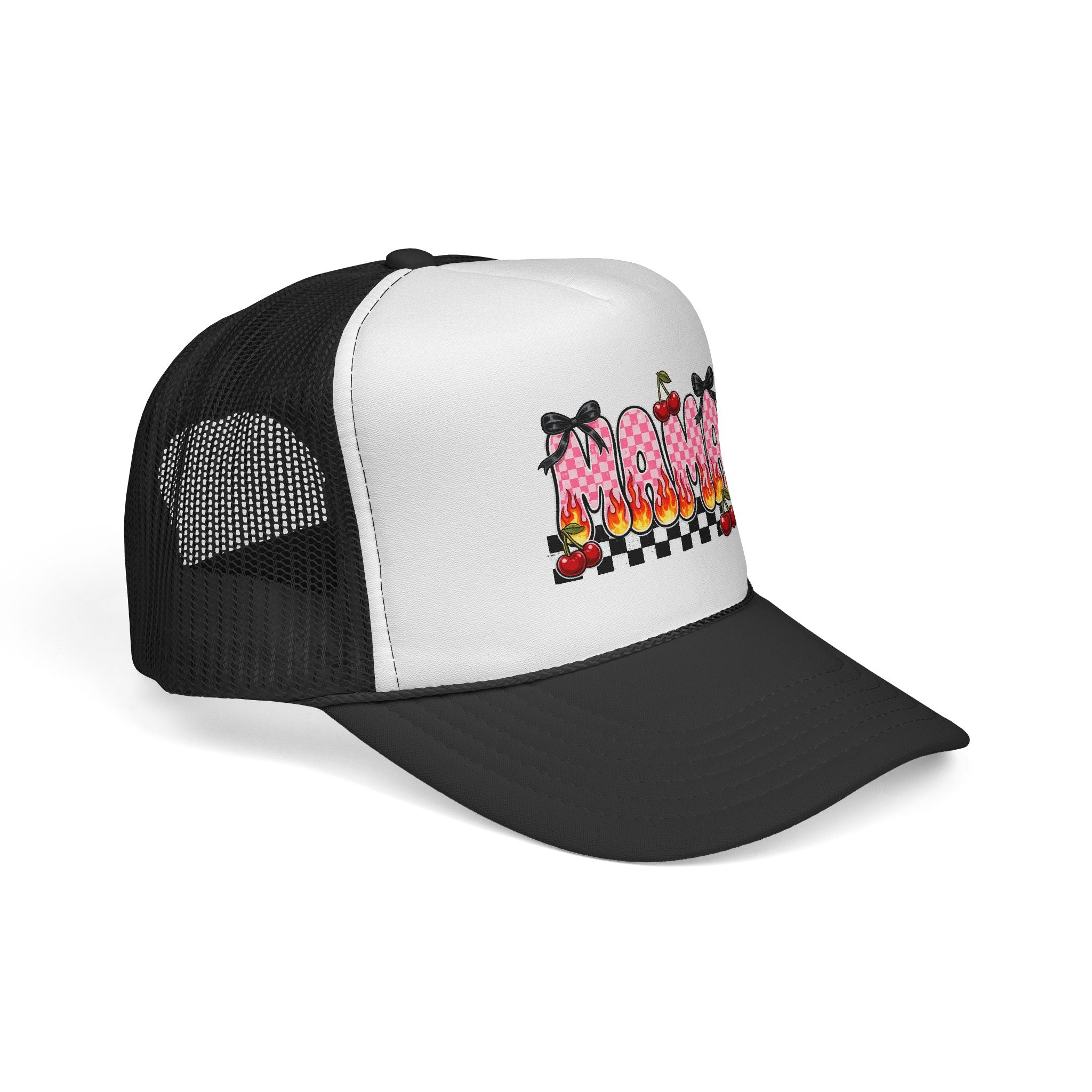 Mama Trucker Hat — Retro Checkerboard Cherry Flame Truckercap