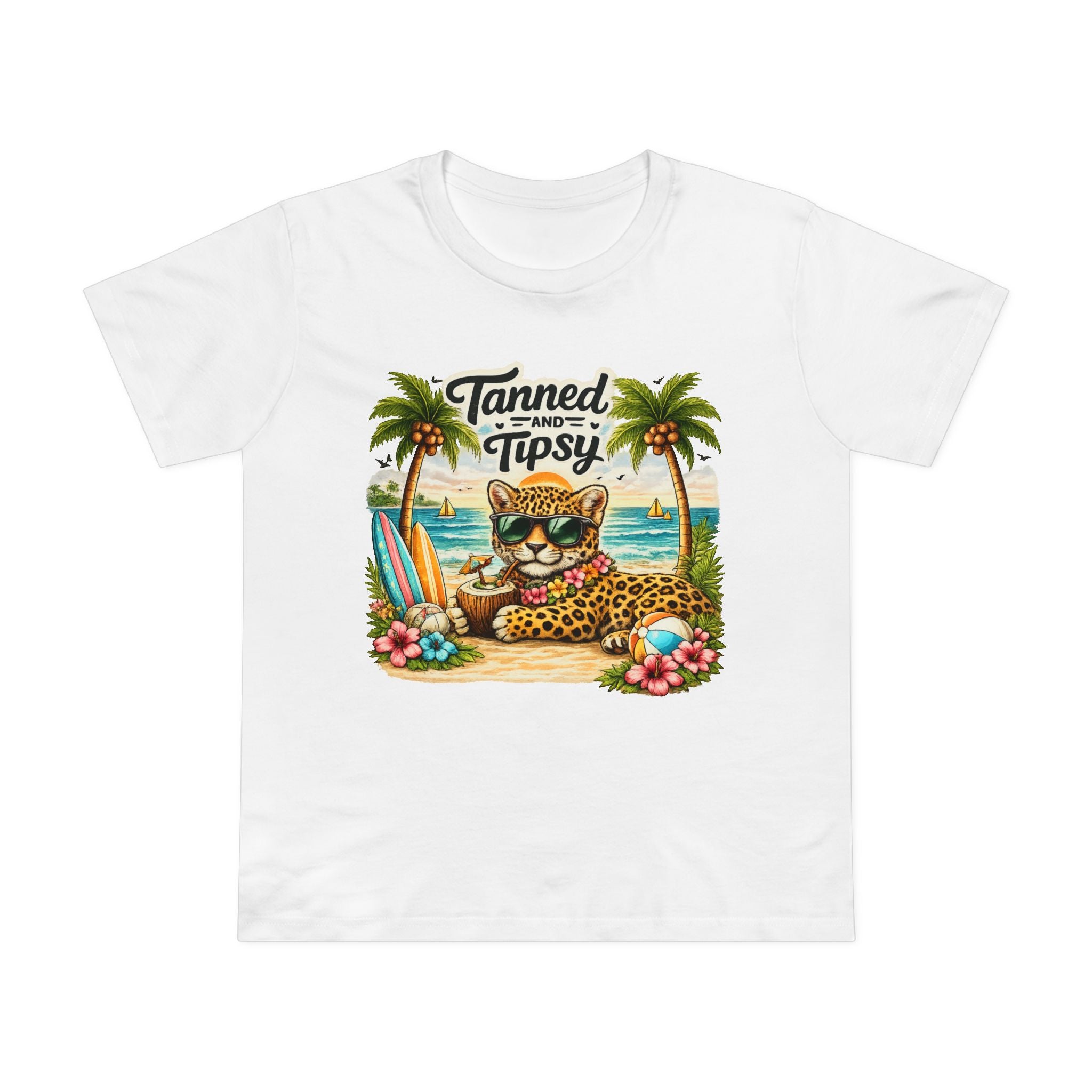 T-Shirt — "Tanned and Tipsy" Beach leopard Graphic Tee for Women
