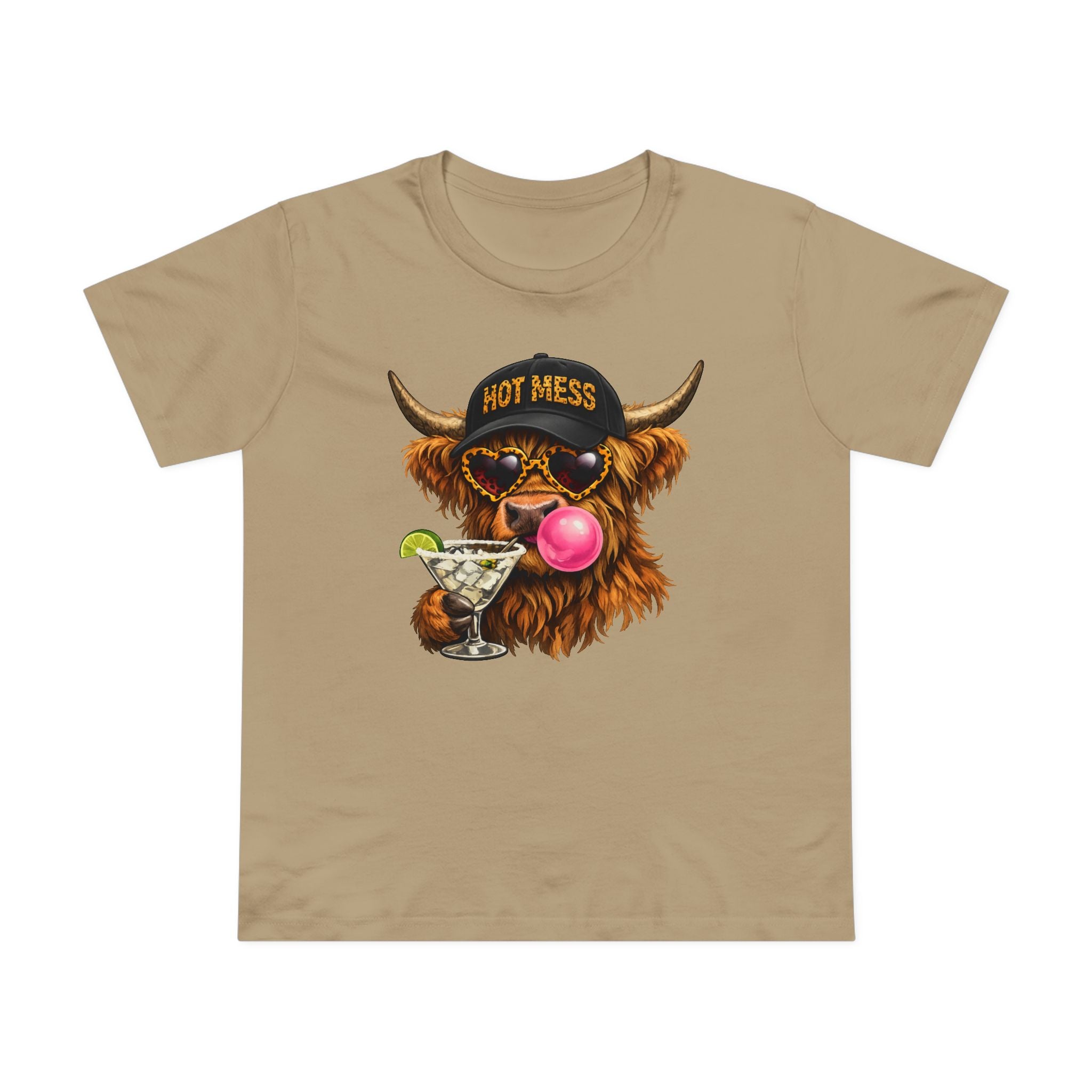Women’s Tee — 'Hot Mess' Highland Cow Graphic Shirt with Margarita & Bubblegum