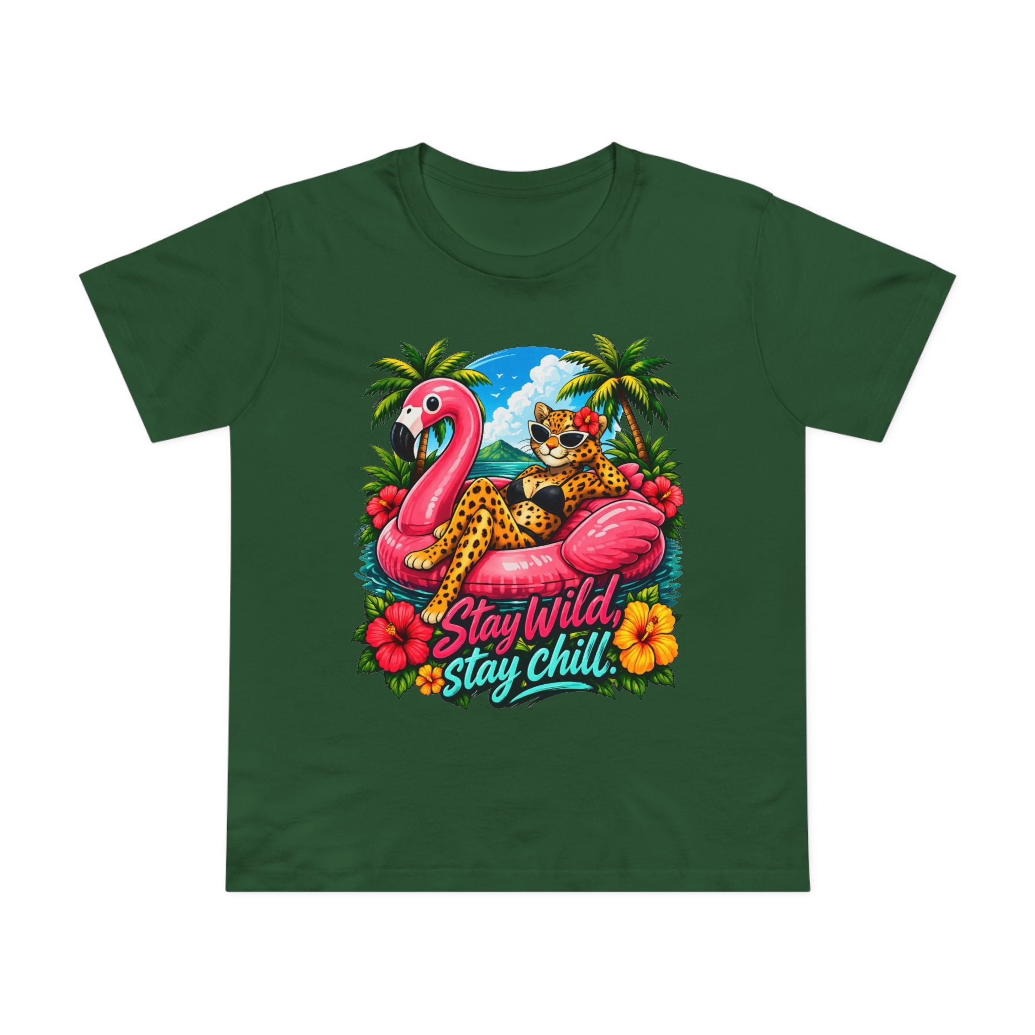 Stay Wild Stay Chill Tee — Tropical Flamingo & Leopard Women’s T-Shirt