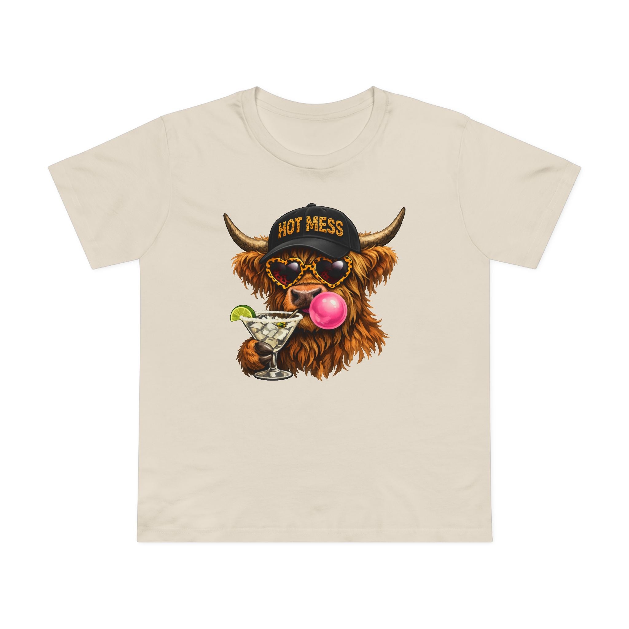 Women’s Tee — 'Hot Mess' Highland Cow Graphic Shirt with Margarita & Bubblegum