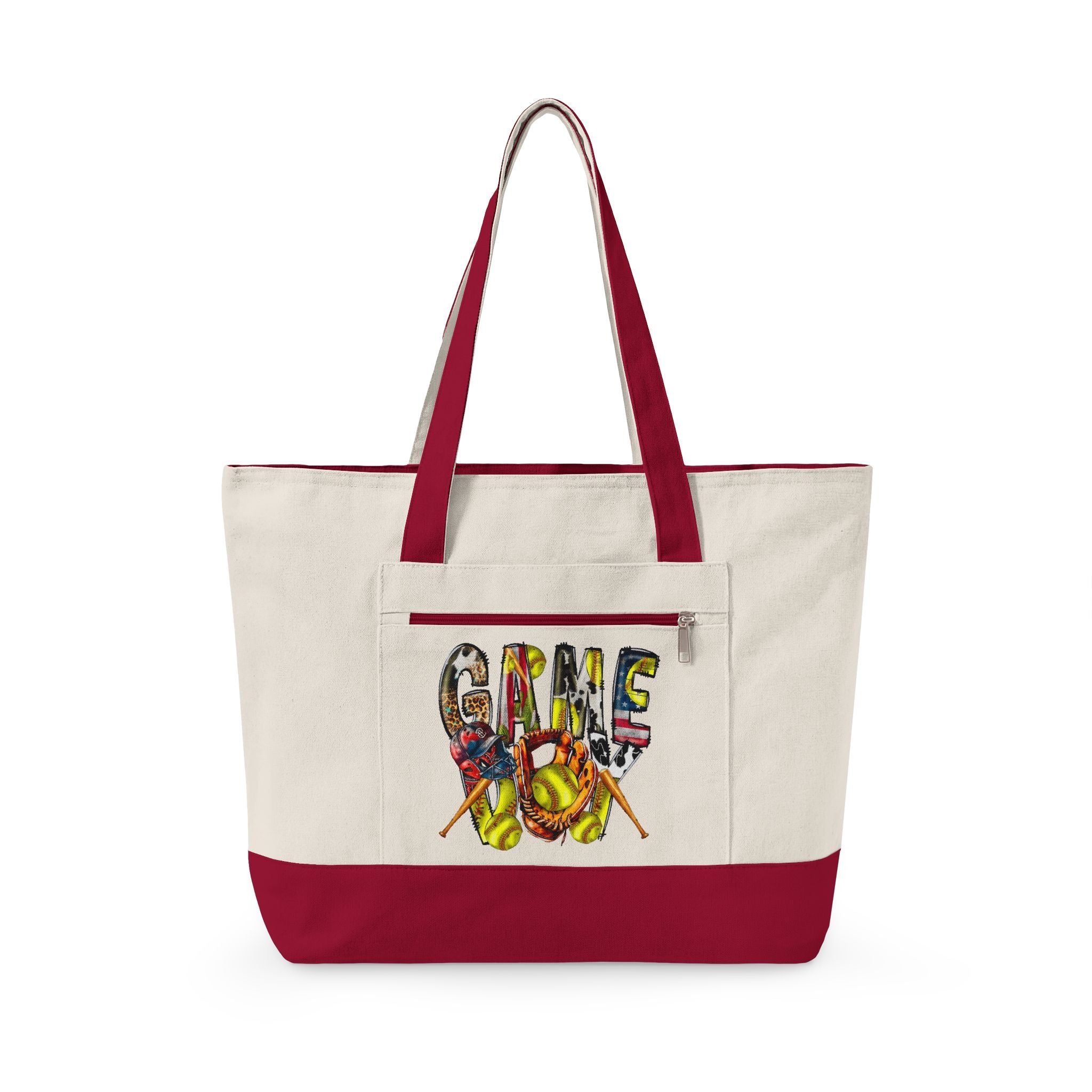 Canvas Tote Bag — Colorful “Softball” Graphic Zippered Shopper