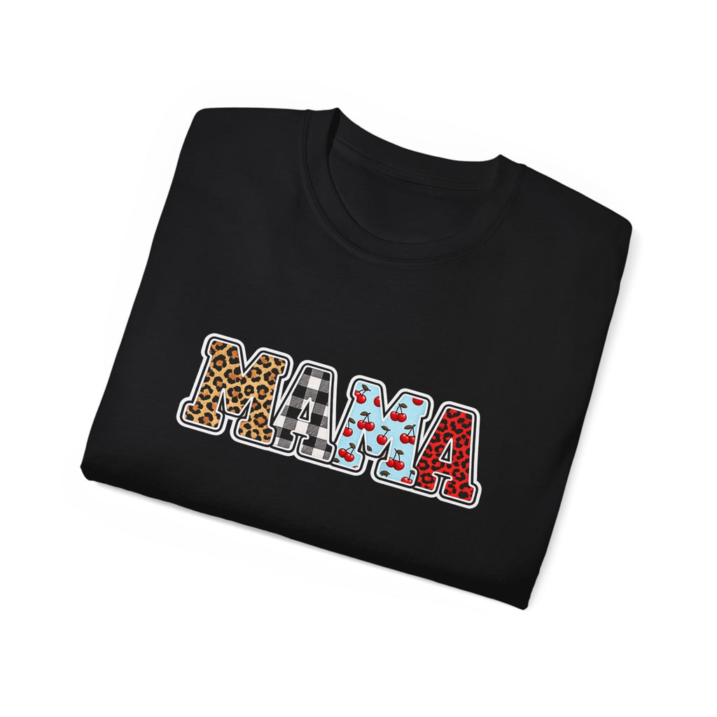 Mama Graphic Tee — Patterned Leopard, Checkered, and Cherry Letters MAMA Shirt