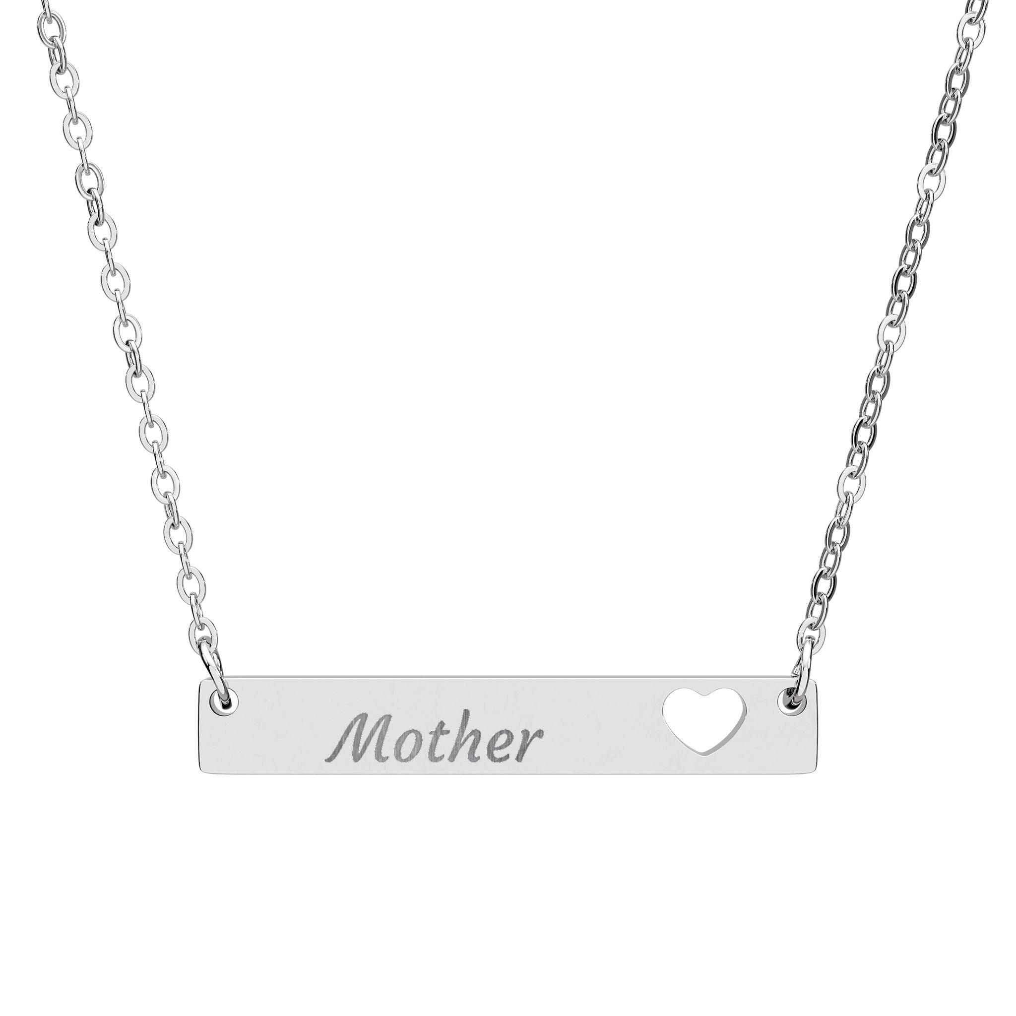 Engravable Cutout Heart Bar Necklace — Personalized "Mother" Pendant (Silver or Rose Gold)