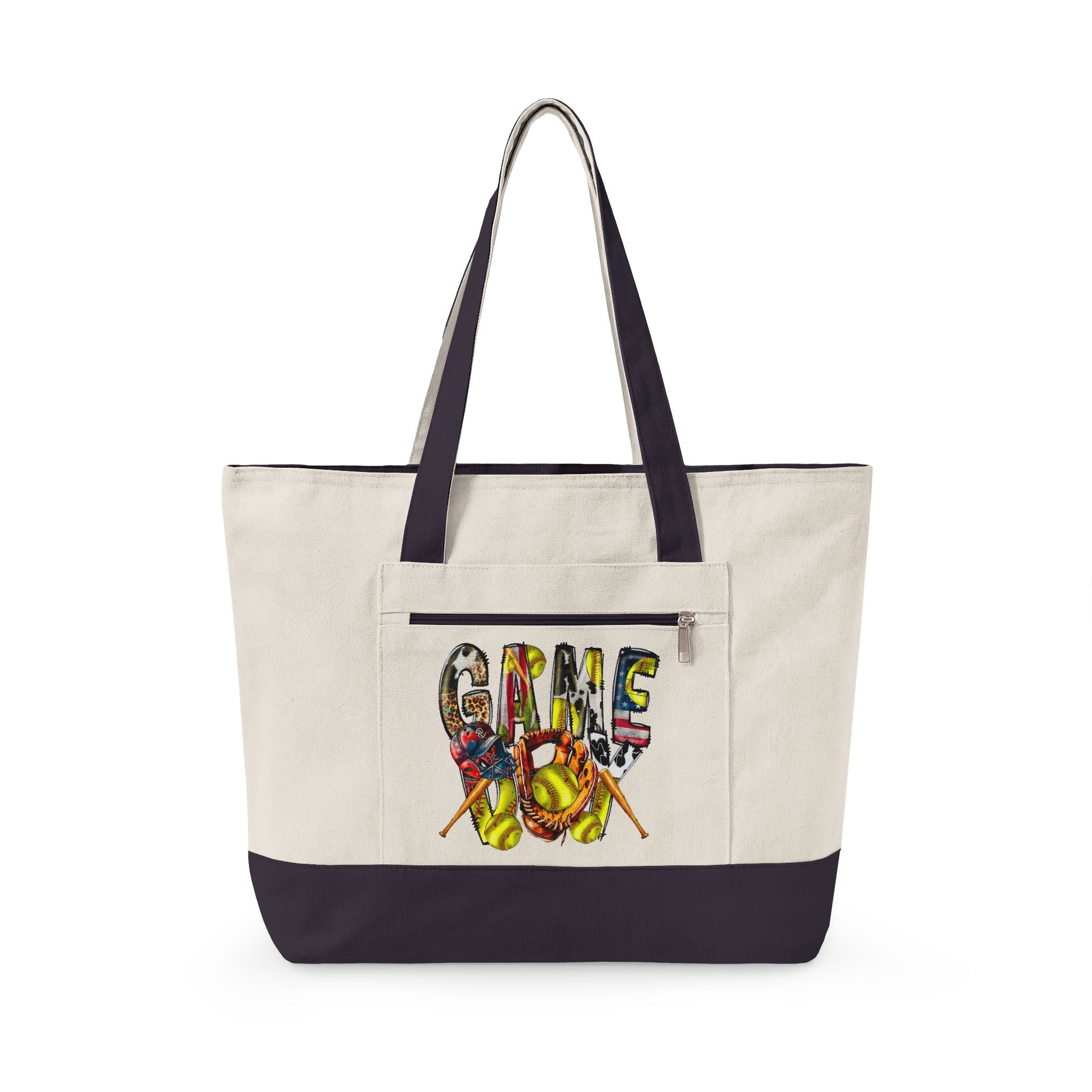 Canvas Tote Bag — Colorful “Softball” Graphic Zippered Shopper