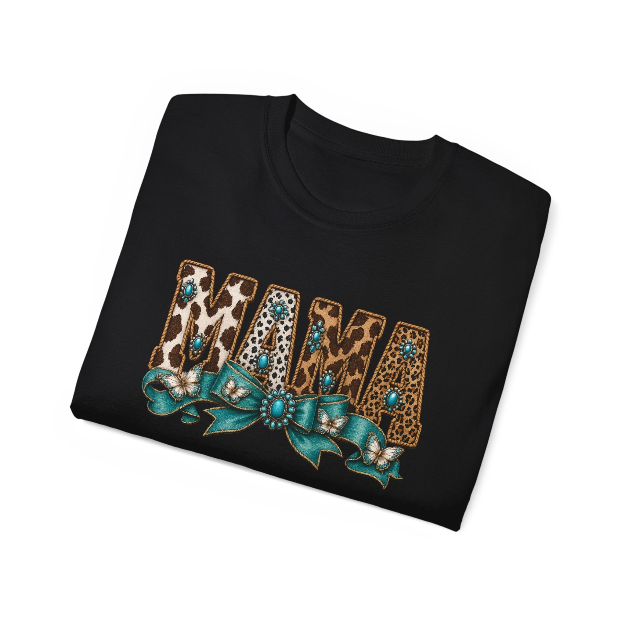 Mama Leopard Print Tee with Turquoise Ribbon — Mother's Day Graphic Shirt